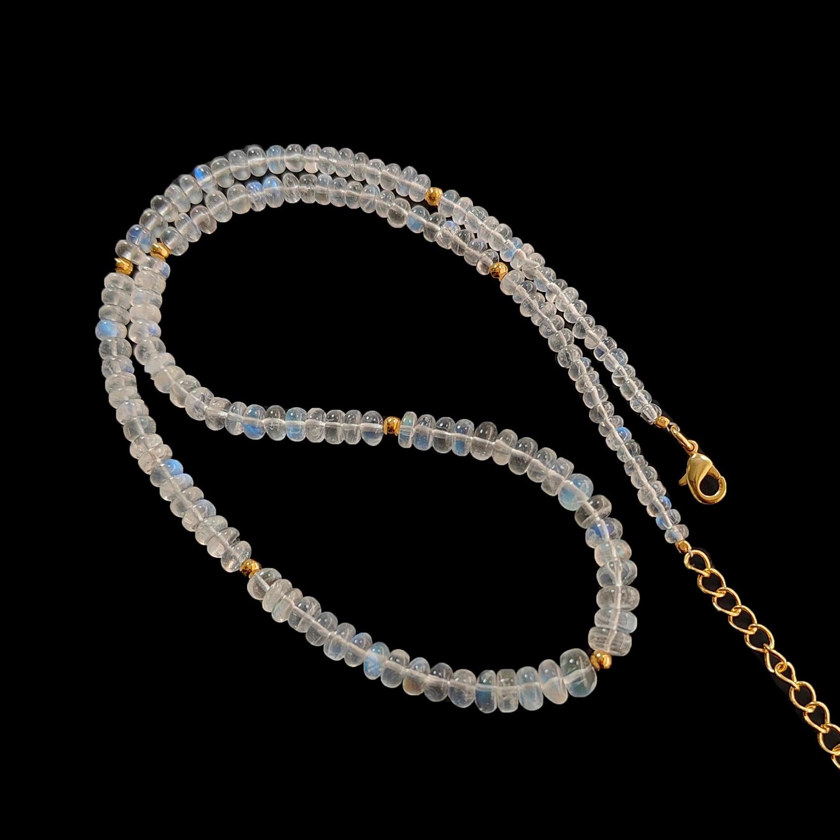 Rainbow Moonstone Gemstone Beads Necklace: 15.51gms Natural Moonstone Plain Rondelle Brass Necklace 17" Necklace June Birthstone