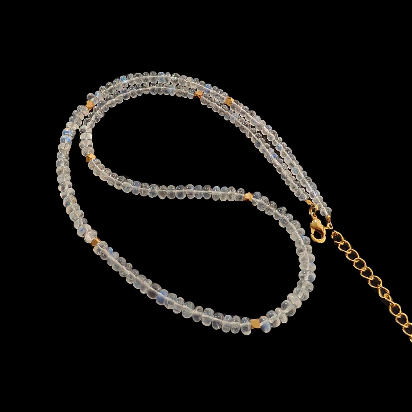 Rainbow Moonstone Gemstone Beads Necklace: 13.10gms Natural Moonstone Plain Rondelle Brass Necklace 16.5" Necklace June Birthstone