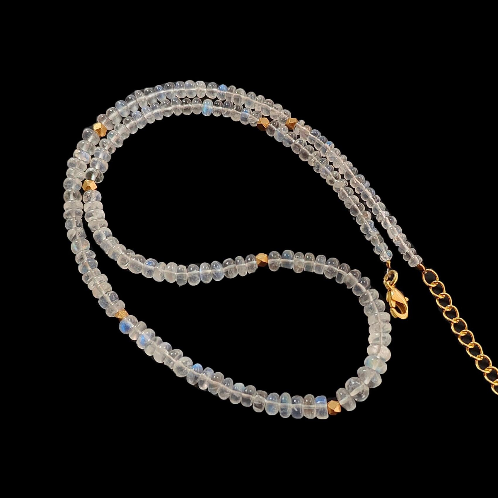 Rainbow Moonstone Gemstone Beads Necklace: 14.55gms Natural Moonstone Plain Rondelle Brass Necklace 16.5" Necklace June Birthstone
