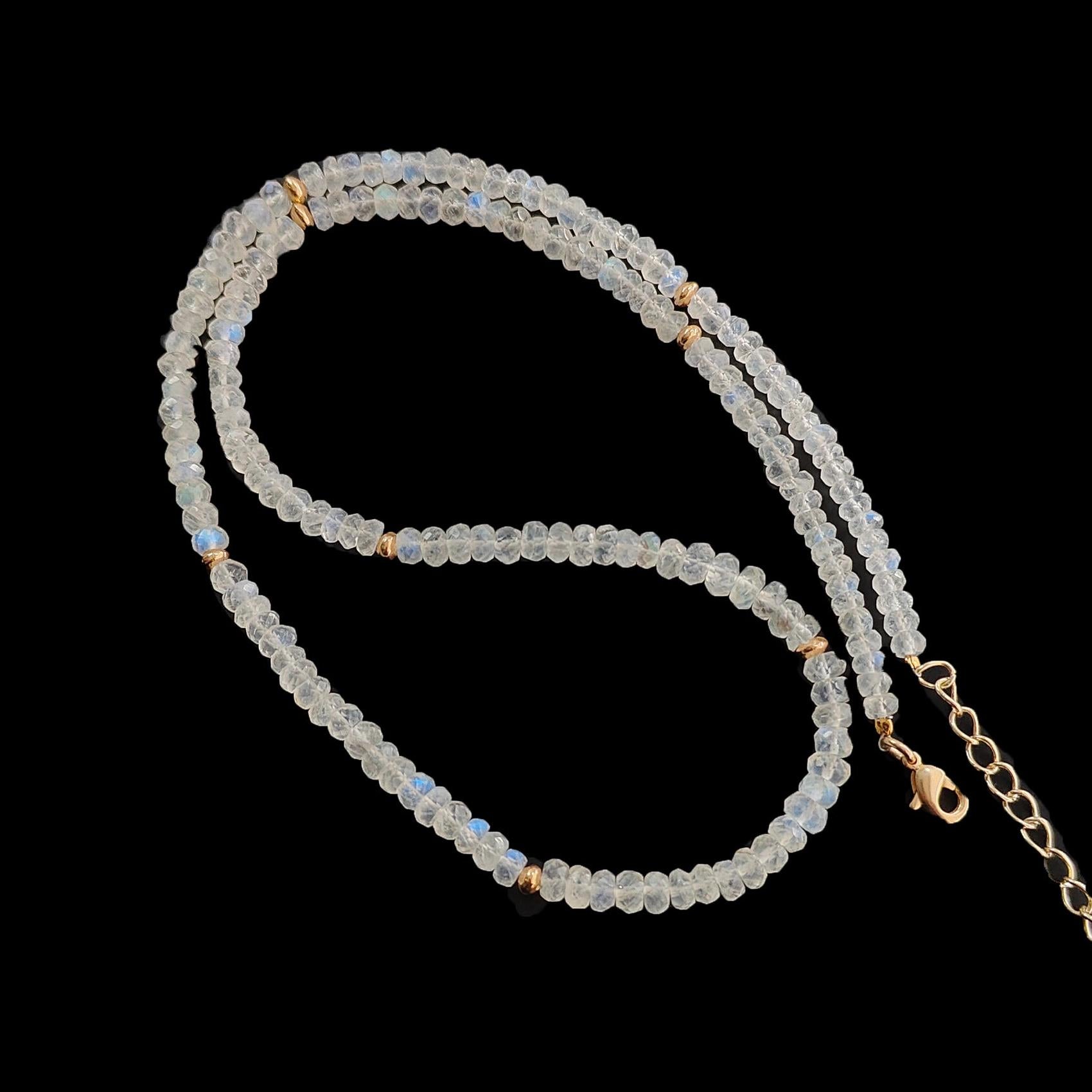 Rainbow Moonstone Gemstone Beads Necklace: 15.79gms Natural Moonstone Plain Rondelle Brass Necklace 19" Necklace June Birthstone