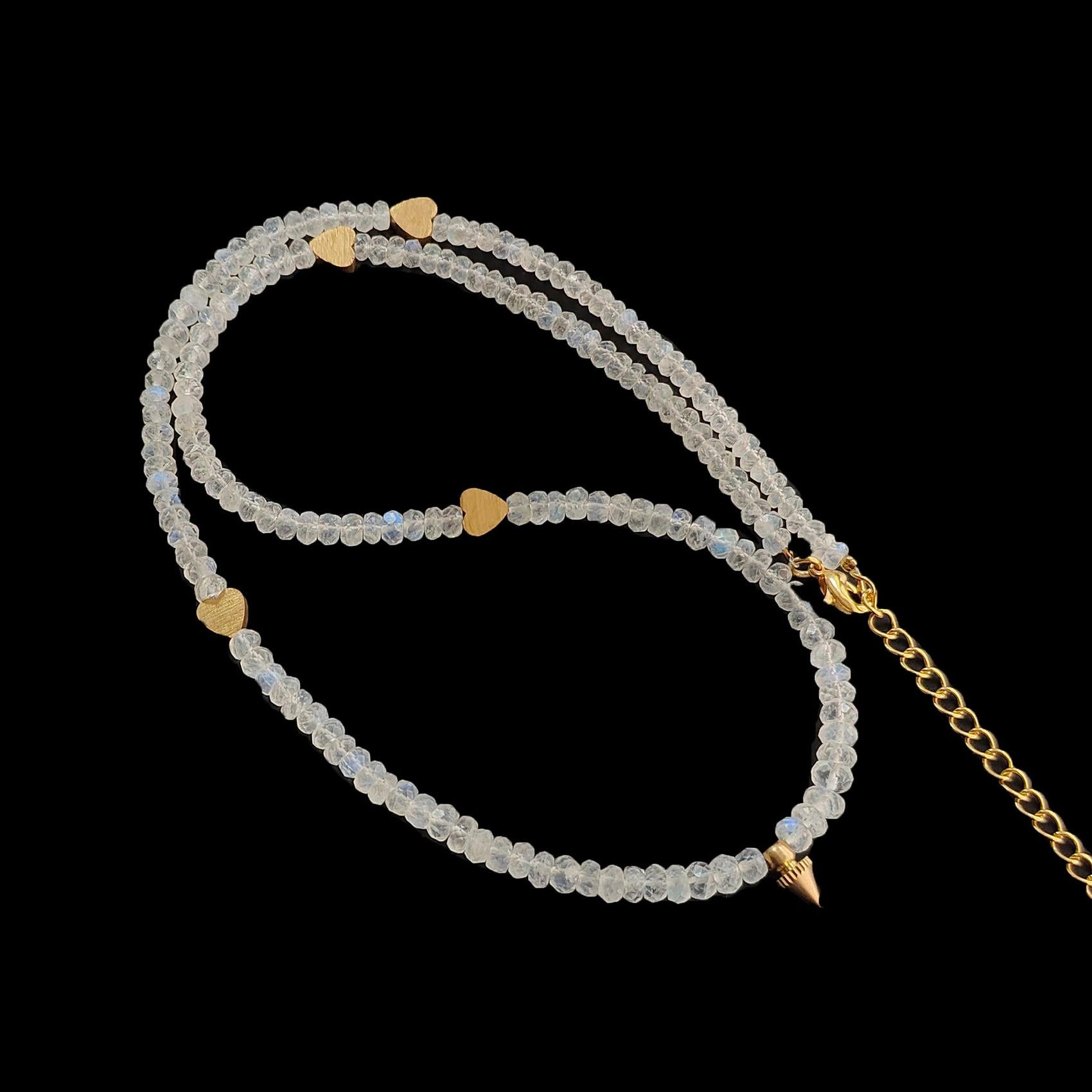 Rainbow Moonstone Gemstone Beads Necklace: 17.96gms Natural Moonstone Plain Rondelle Brass Necklace 19.5" Necklace June Birthstone