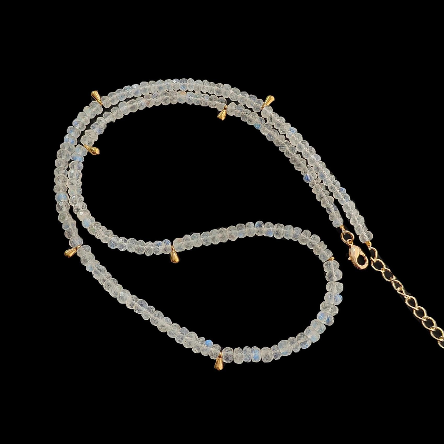 Rainbow Moonstone Gemstone Beads Necklace: 16.44gms Natural Moonstone Plain Rondelle Brass Necklace 18.5" Necklace June Birthstone