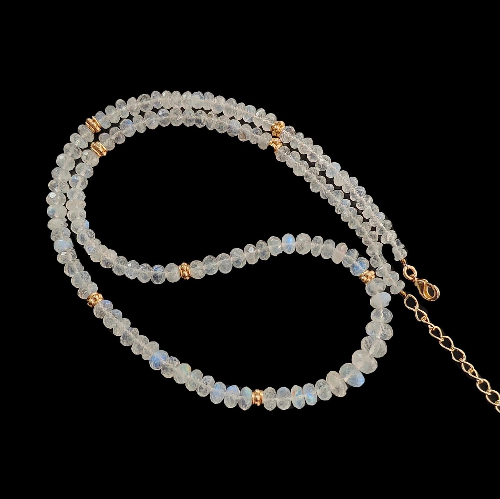 Rainbow Moonstone Gemstone Beads Necklace: 22.85gms Natural Moonstone Plain Rondelle Brass Necklace 19" Necklace June Birthstone
