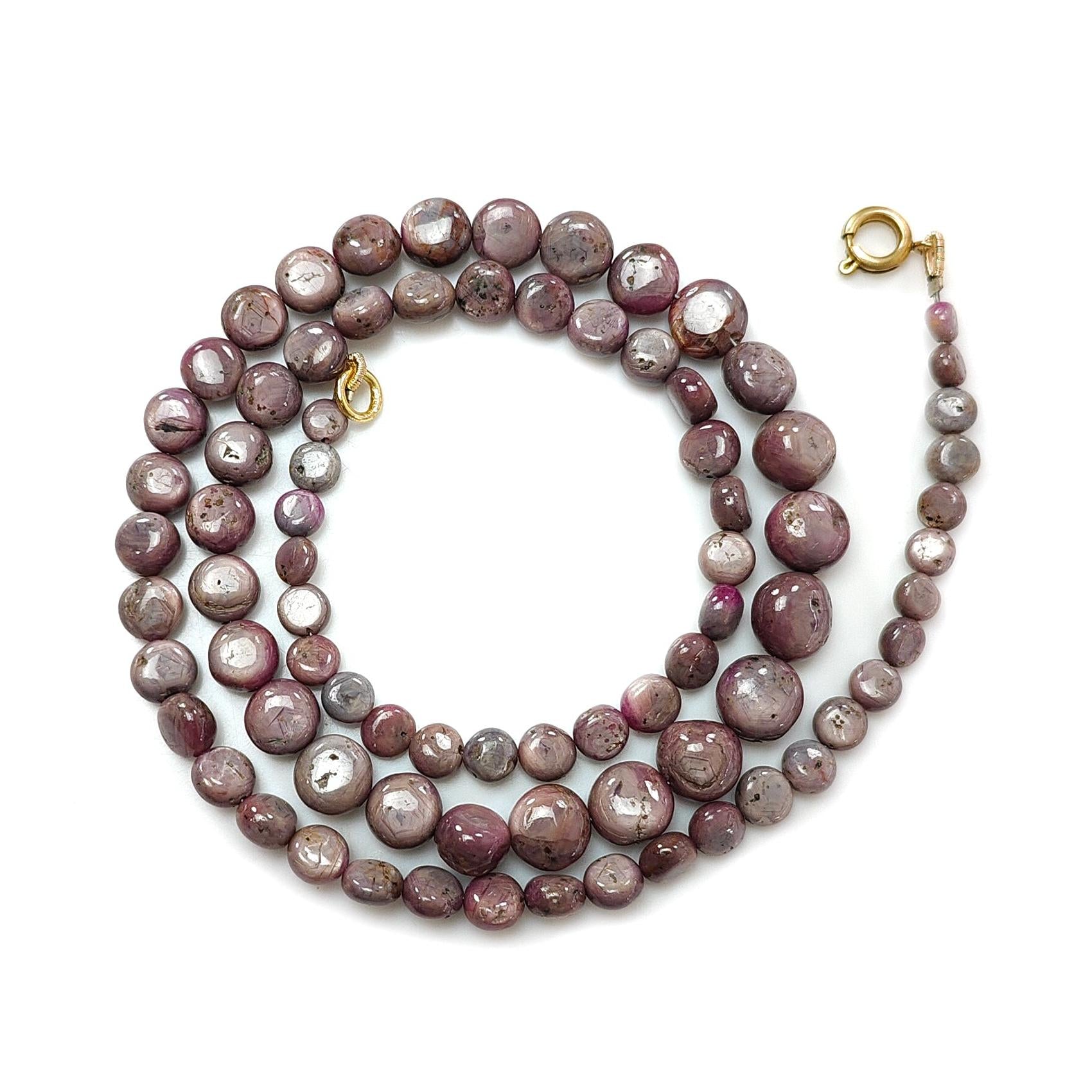 Pink Sapphire Gemstone Beads Necklace: 28.50gms Natural Untreated Unheated Sapphire Plain Round Brass Necklace 4mm - 8mm 19"