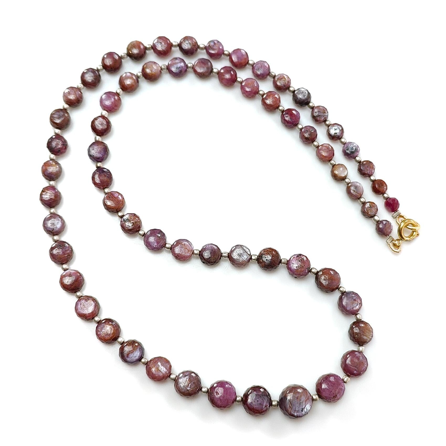 Pink Sapphire Gemstone Beads Necklace: 158.40cts Natural Untreated Raspberry Sapphire Plain Side Faceted Round Brass Necklace 5mm - 9mm 21"