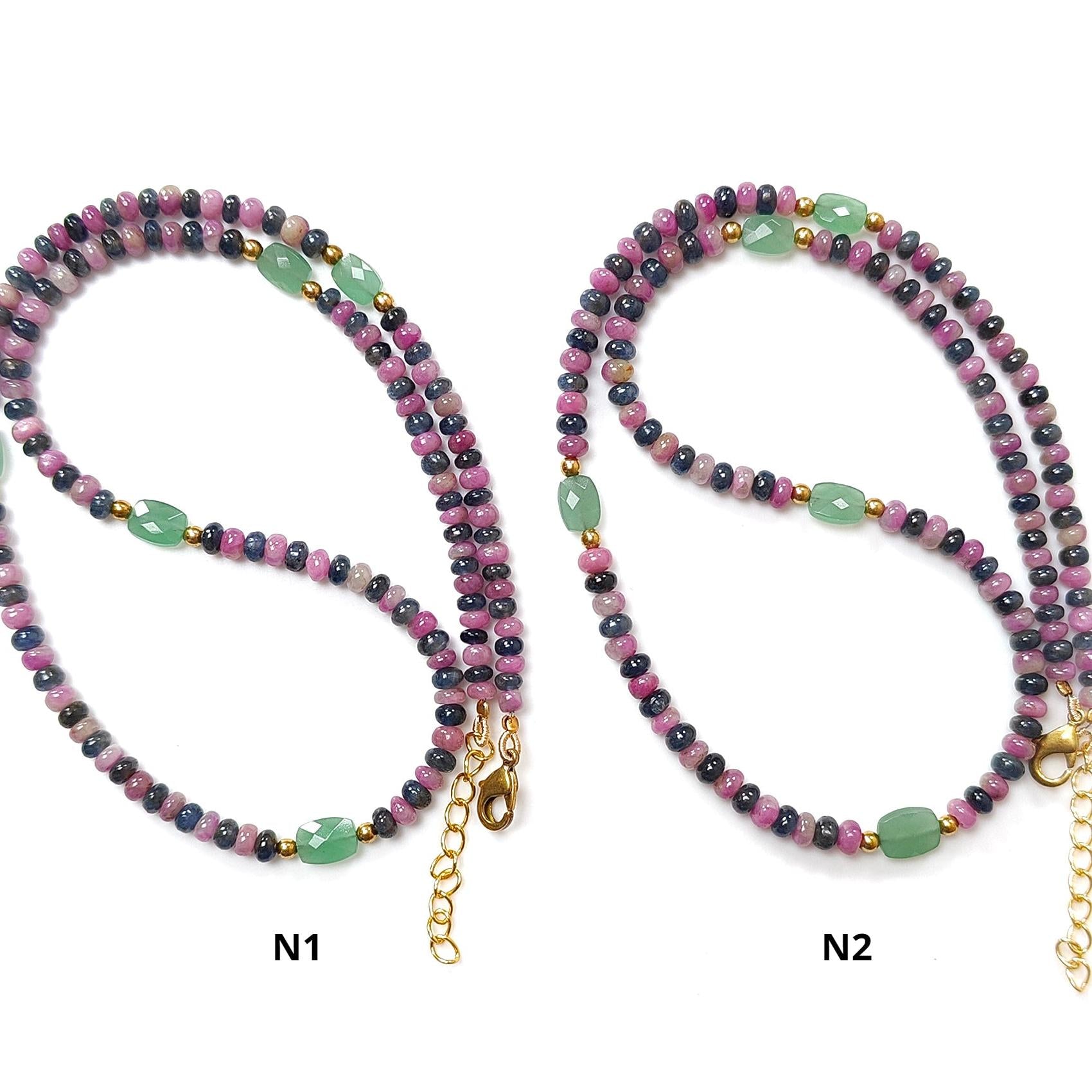 Zoisite Ruby & Blue Sapphire Gemstone Beads Necklace: Natural Untreated Ruby, Green Quartzite Plain Rondelle Brass Necklace 18" 1 Strand