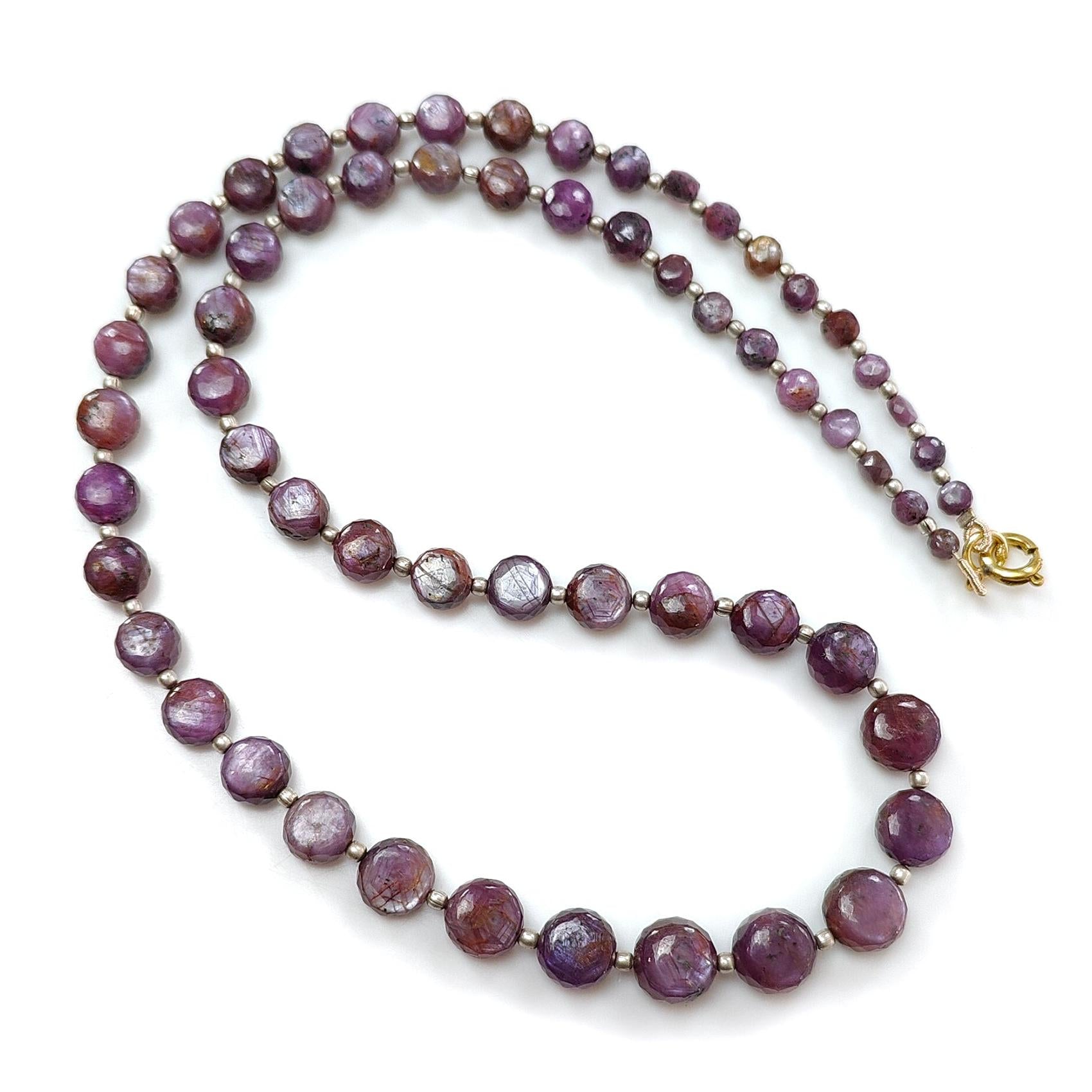 Pink Sapphire Gemstone Beads Necklace: 159.50cts Natural Untreated Raspberry Sapphire Plain Side Faceted Round Brass Necklace 4mm - 9mm 20"
