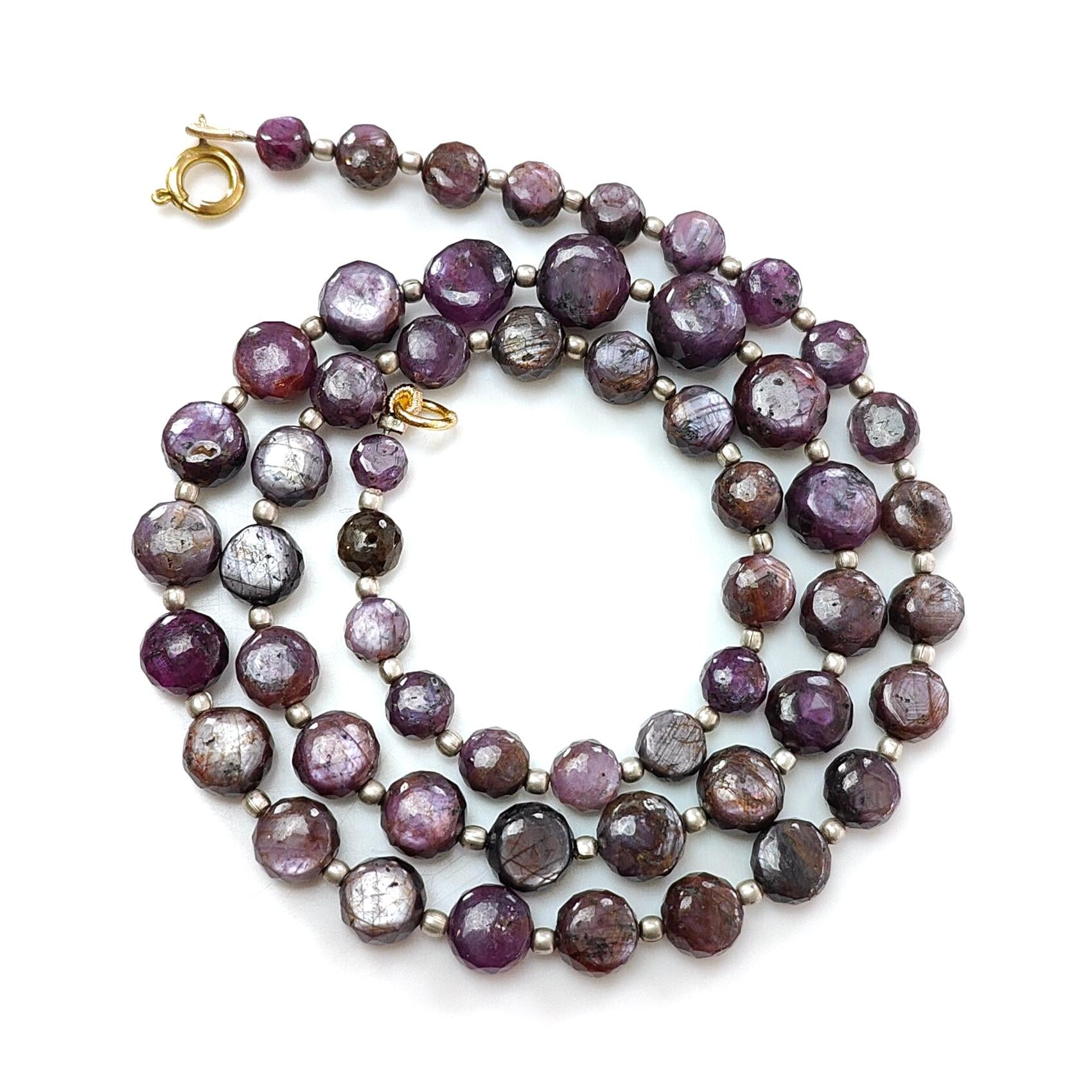 Pink Sapphire Gemstone Beads Necklace: 162.00cts Natural Untreated Raspberry Sapphire Plain Side Faceted Round Brass Necklace 5mm - 9mm 19"