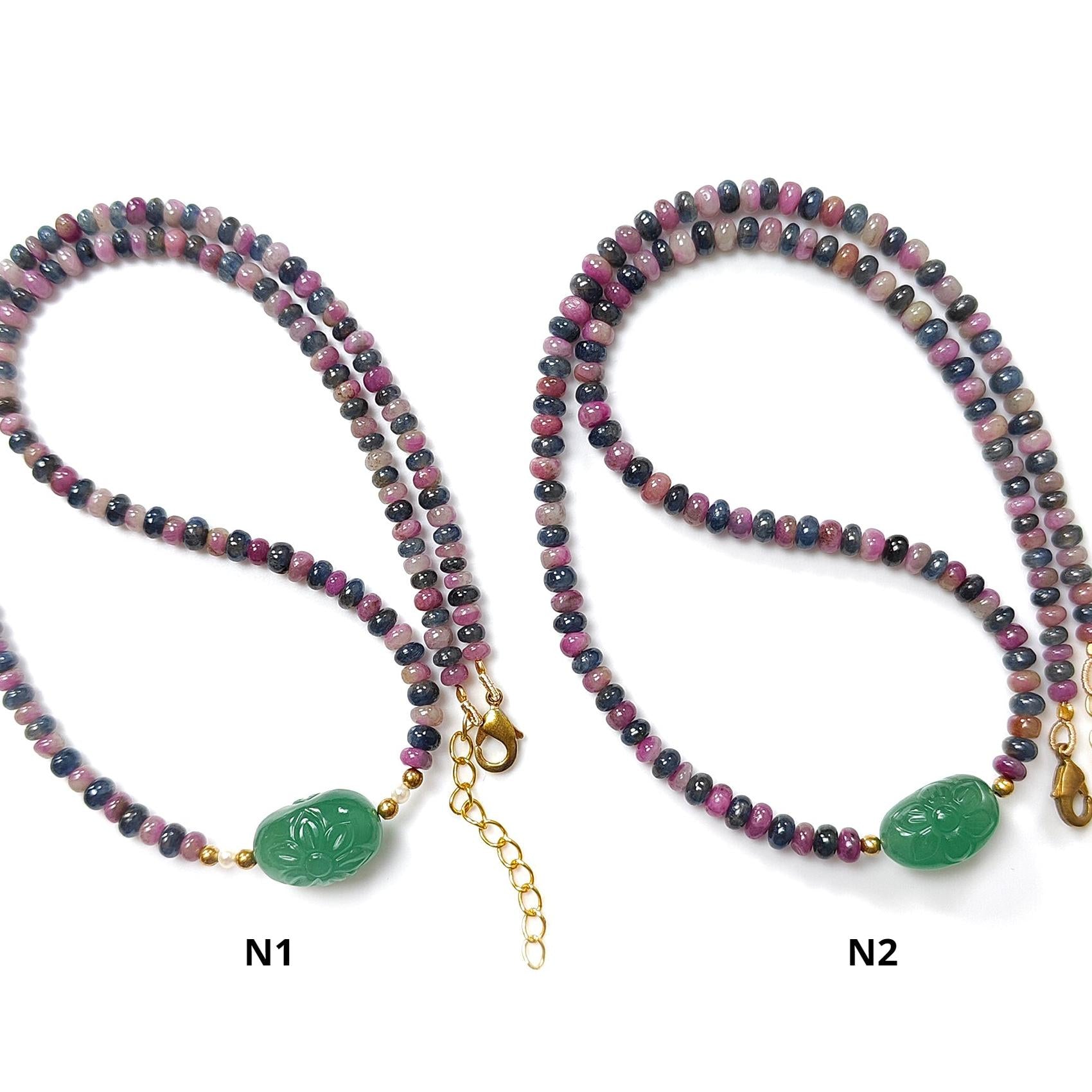 Zoisite Ruby & Blue Sapphire Gemstone Beads Necklace: Natural Untreated Ruby, Green Quartzite Plain Rondelle Brass Necklace 18" 1 Strand