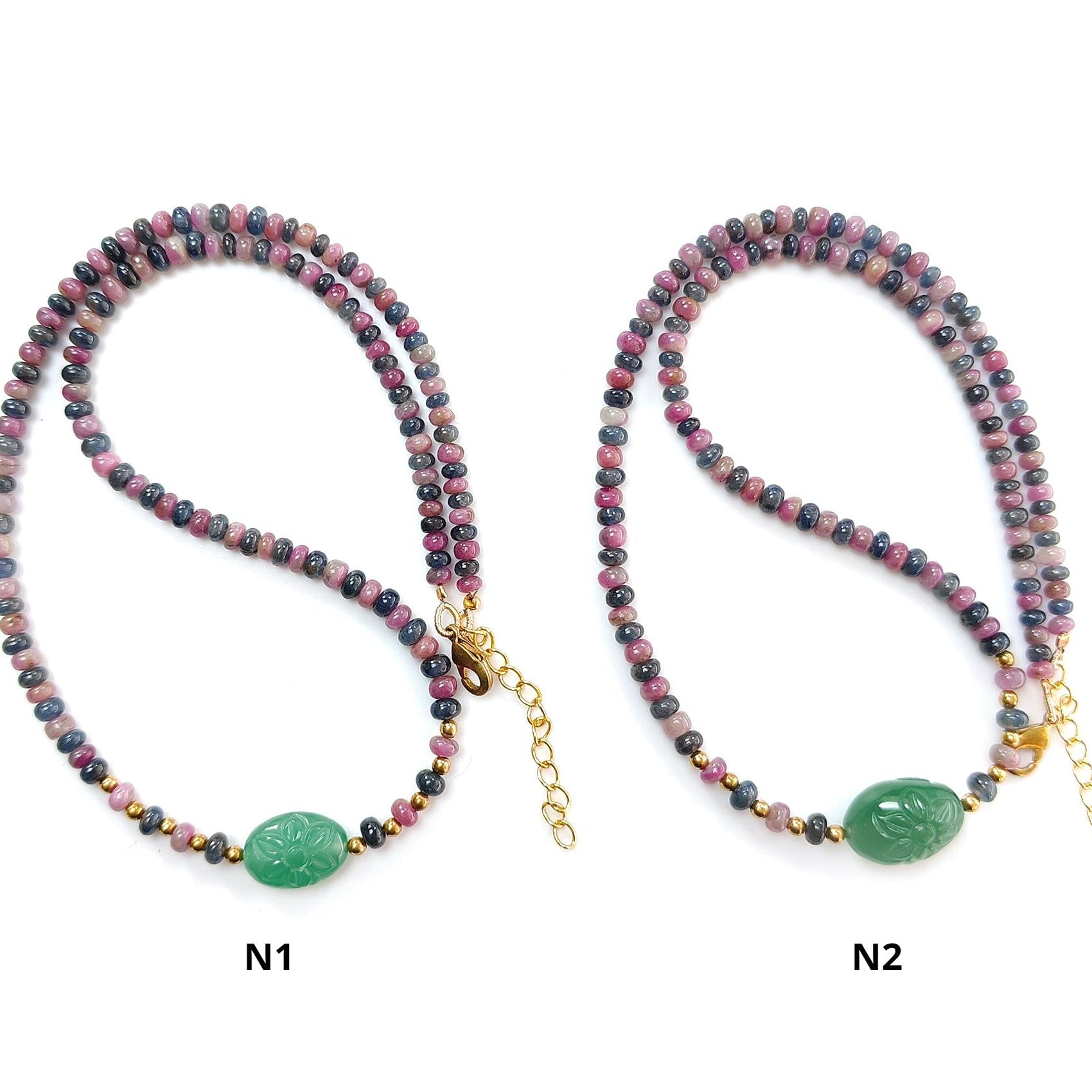 Zoisite Ruby & Blue Sapphire Gemstone Beads Necklace: Natural Untreated Ruby, Green Quartzite Plain Rondelle Brass Necklace 18" 1 Strand