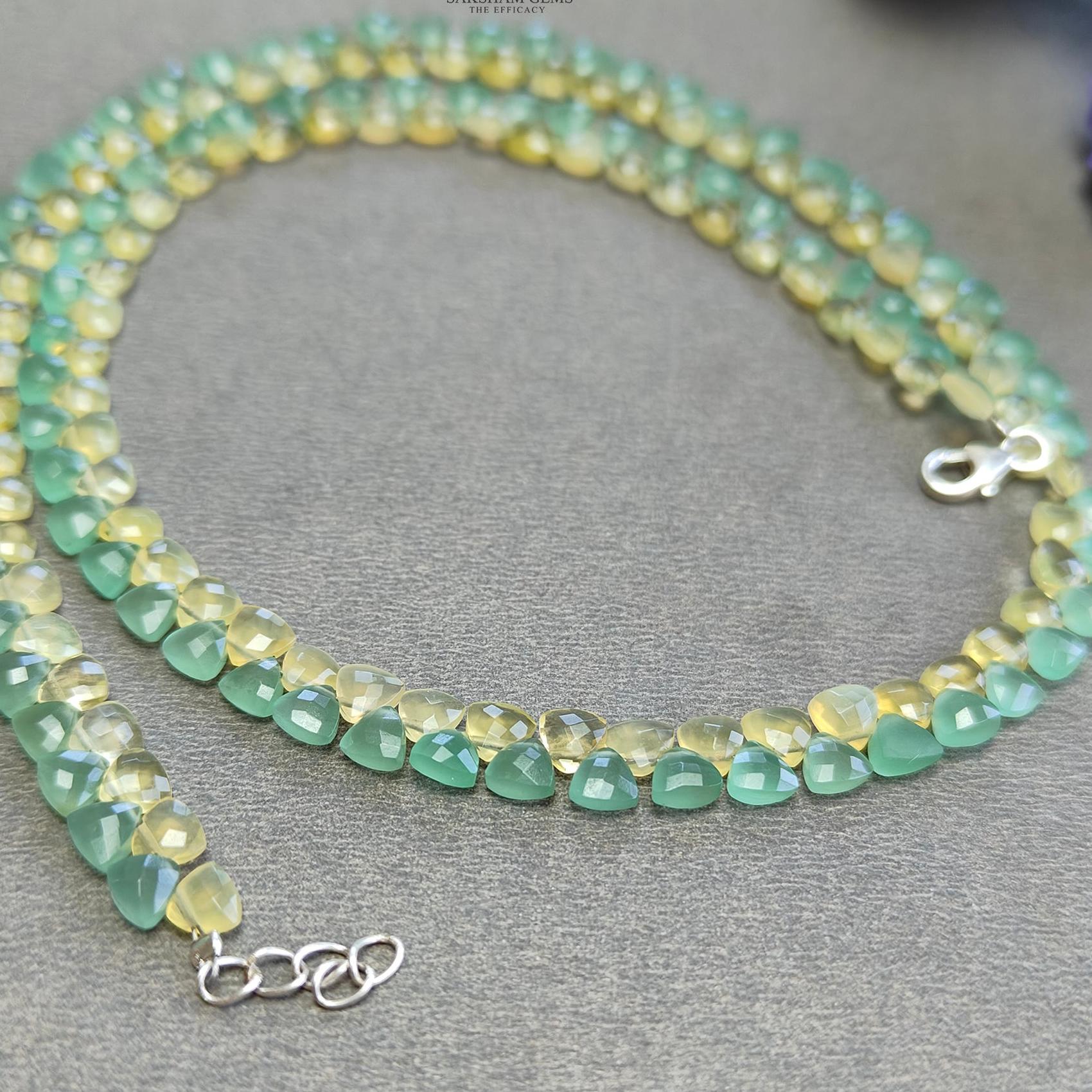 Opal & Quartz Beads Necklace : 11.95gms 925 Sterling Silver Natural Yellow Opal Green Quartz Briolette Faceted Triangle Necklace 18"