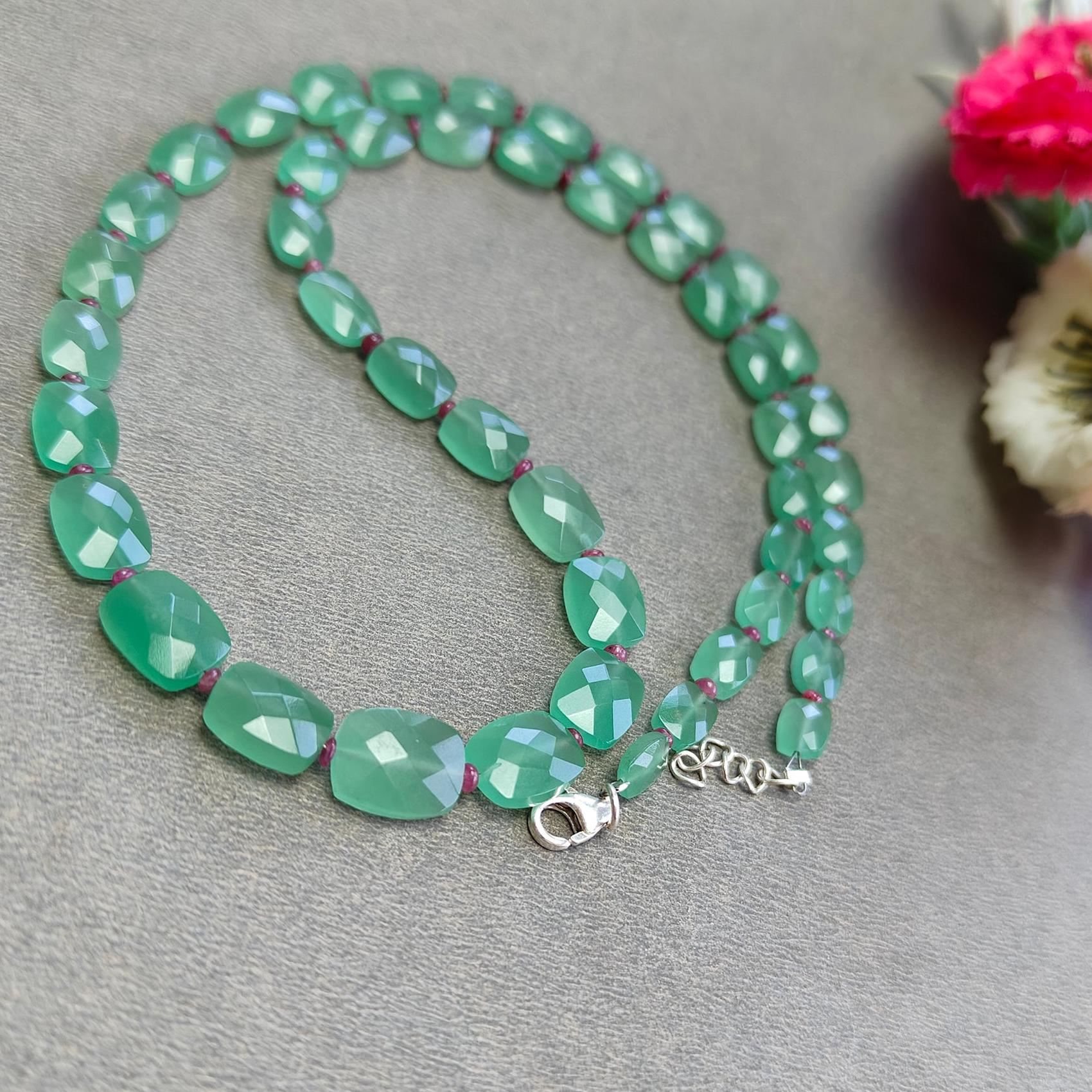 Quartz & Ruby Beads Necklace : 17.21gms 925 Sterling Silver Natural Green Quartz Red Ruby  Briolette Faceted Cushion  Necklace 18"