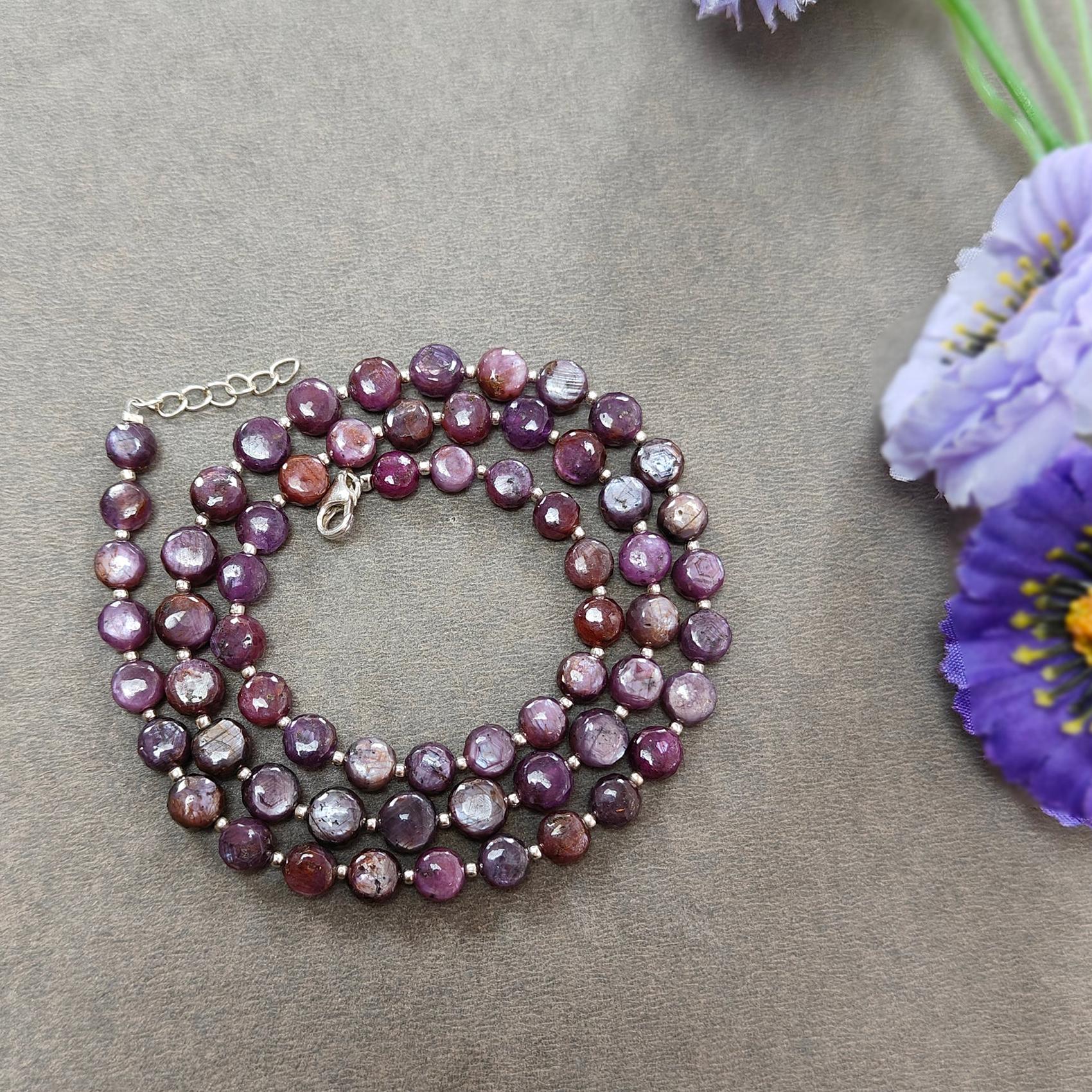 Raspberry Sheen Purple Pink Sapphire Gemstone Beads Necklace: 29.17gms (apx) Natural Sapphire Round Shape Side Faceted Necklace 6mm-7mm 20"