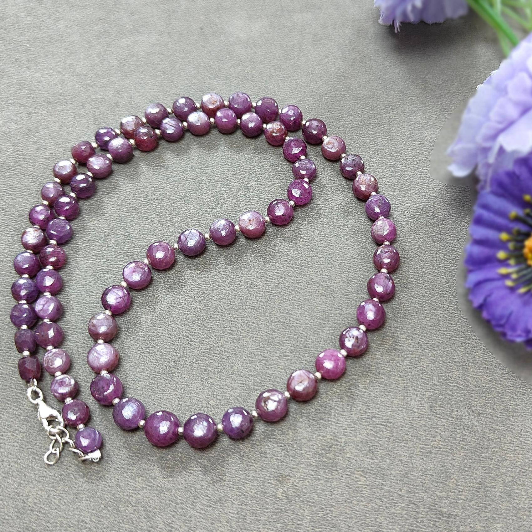 Raspberry Sheen Purple Pink Sapphire Gemstone Beads Necklace: 31.19gms Natural Sapphire Round Shape Side Faceted Necklace 6mm - 7mm 21"
