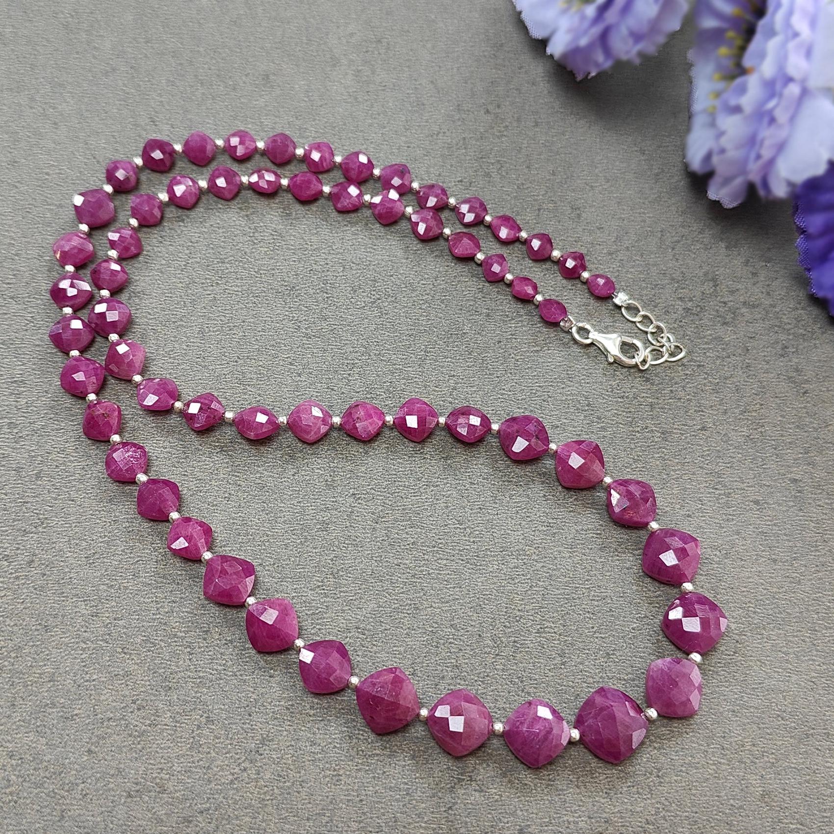 RUBY Gemstone Beads Necklace : 19.13gms (Apx) Natural Untreated 925 Sterling Sliver Checker Cut Cushion Shape Necklace 4mm - 9mm 19.5" (Apx)