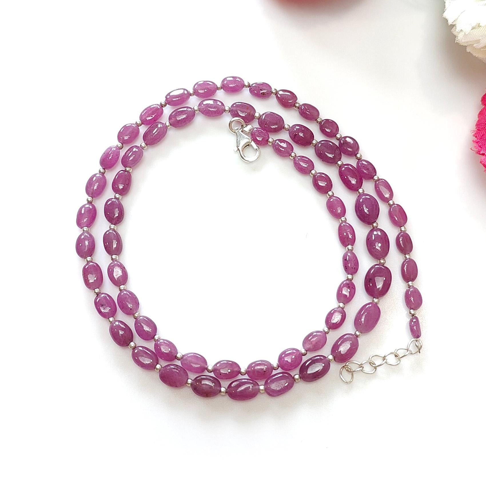 RUBY Gemstone Beads Necklace : 14.00gms (Apx) Natural Untreated 925 Sterling Sliver Plain Oval Shape Necklace 5mm - 7mm 19" (Apx)