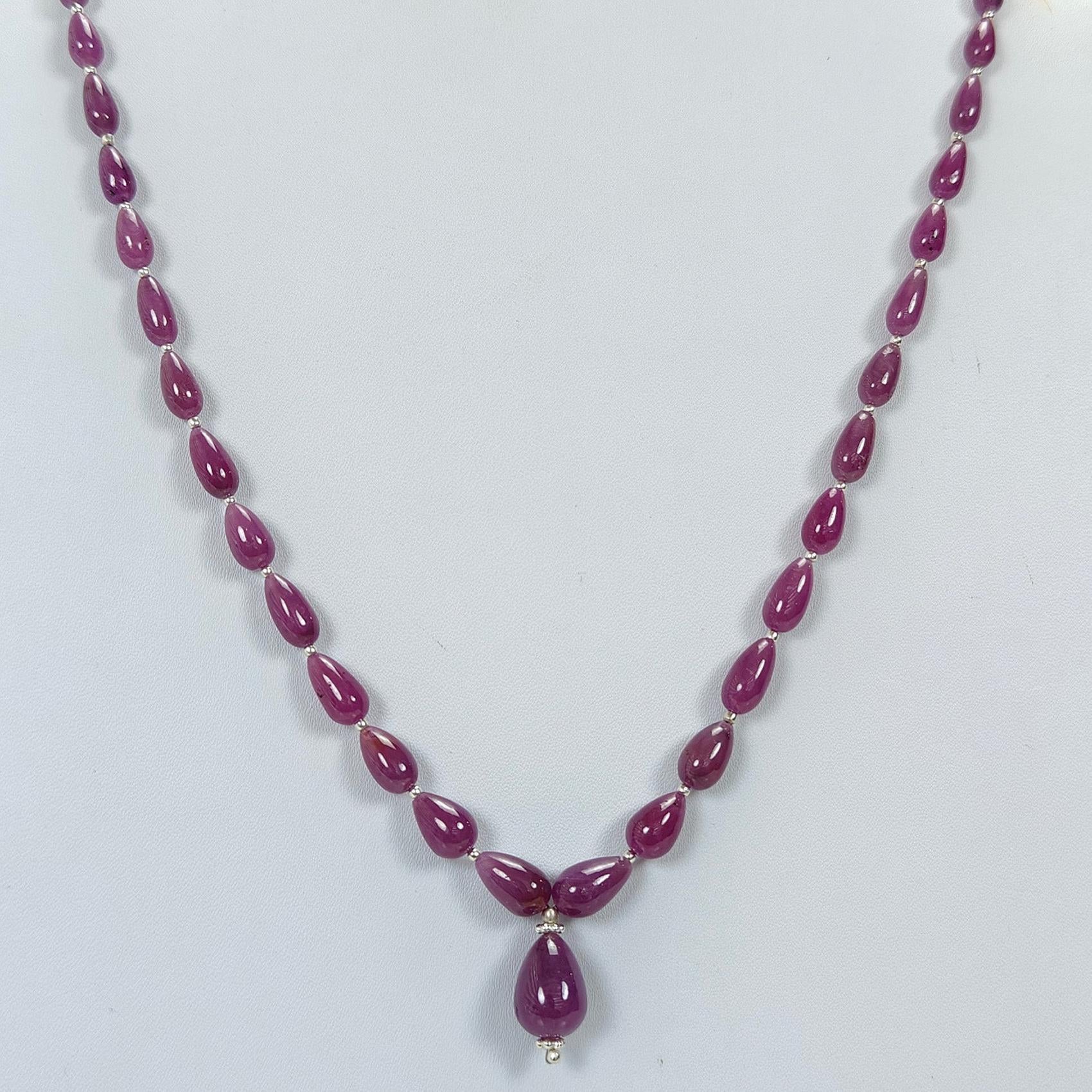 Ruby Gemstone Beads Necklace : 22.50gms (Apx) 925 Sterling Silver Purple Ruby Gemstone Plain Teardrops Necklace 6mm - 12mm 19.5" (Apx)