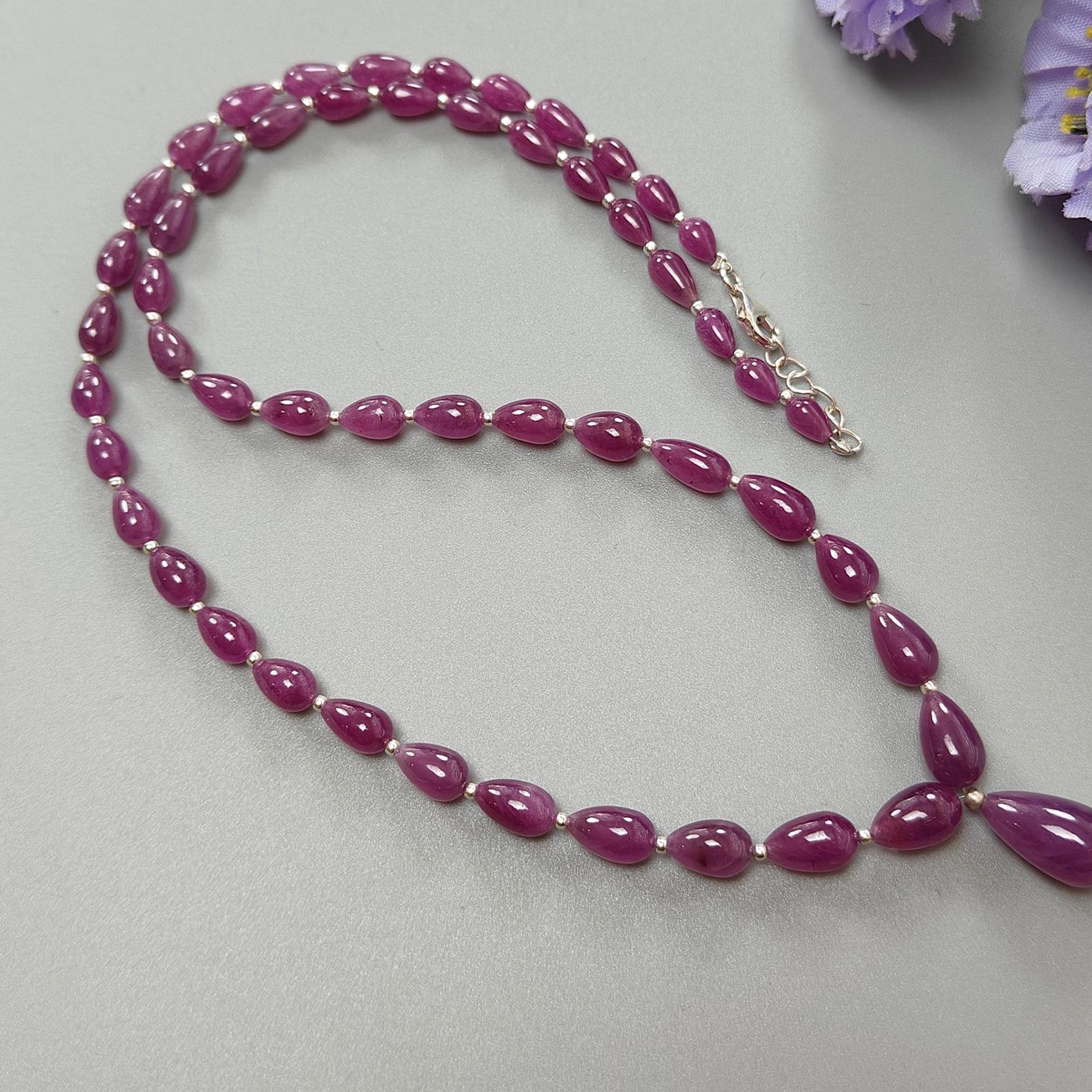 Ruby Gemstone Beads Necklace : 23.20gms (Apx) 925 Sterling Silver Purple Ruby Gemstone Plain Teardrops Necklace 6mm - 14mm 20" (Apx)