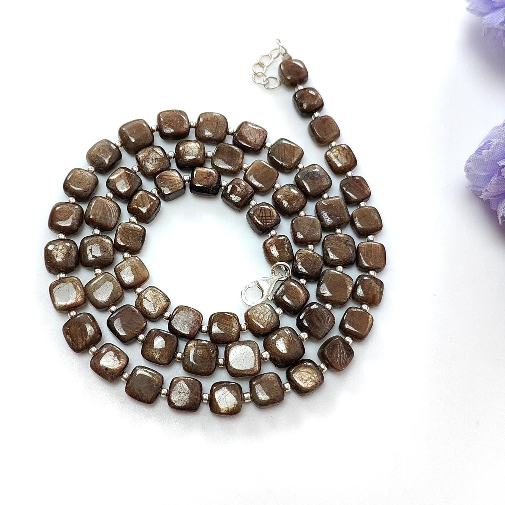 Golden Brown Chocolate Sapphire Gemstone Beads Necklace : 27.30gms Natural Plain Cushion Briolette Sapphire 925 Sterling Silver 6mm-7mm 20"