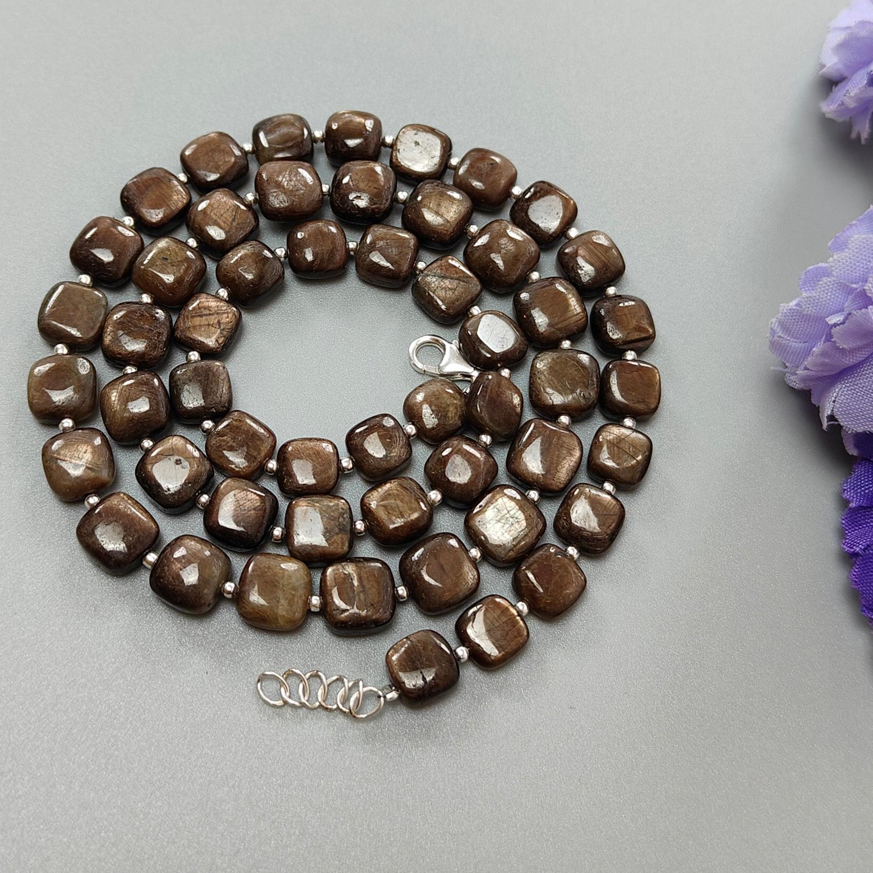 Golden Brown Chocolate Sapphire Gemstone Beads Necklace: 36.00gms (Apx) Natural Plain Cushion Sapphire 925 Sterling Silver 7mm-8mm 19" (Apx)