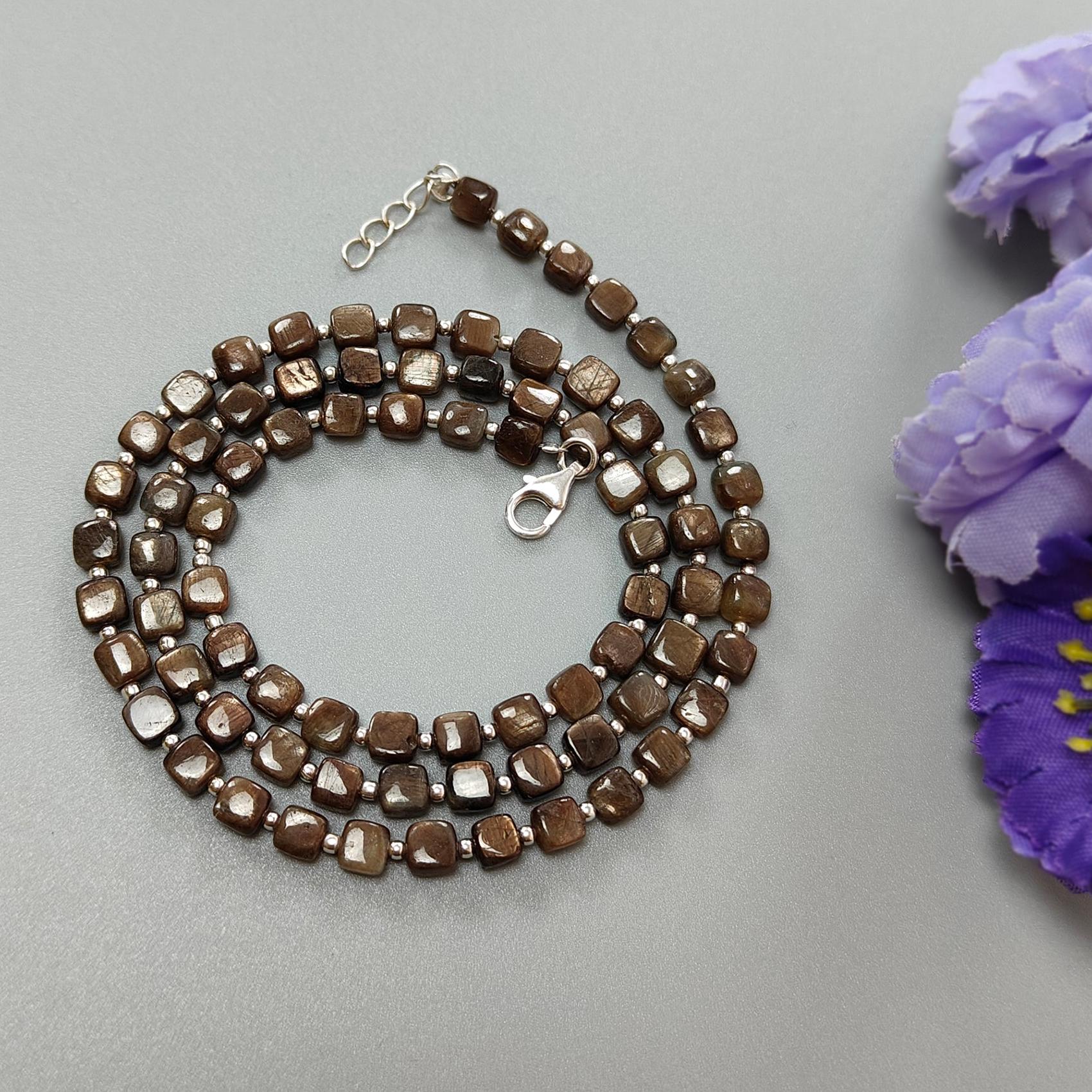 Golden Brown Chocolate Sapphire Gemstone Beads Necklace : 15.75gms (Apx) Natural Plain Cushion Sapphire 925 Sterling Silver 4mm 19" (Apx)