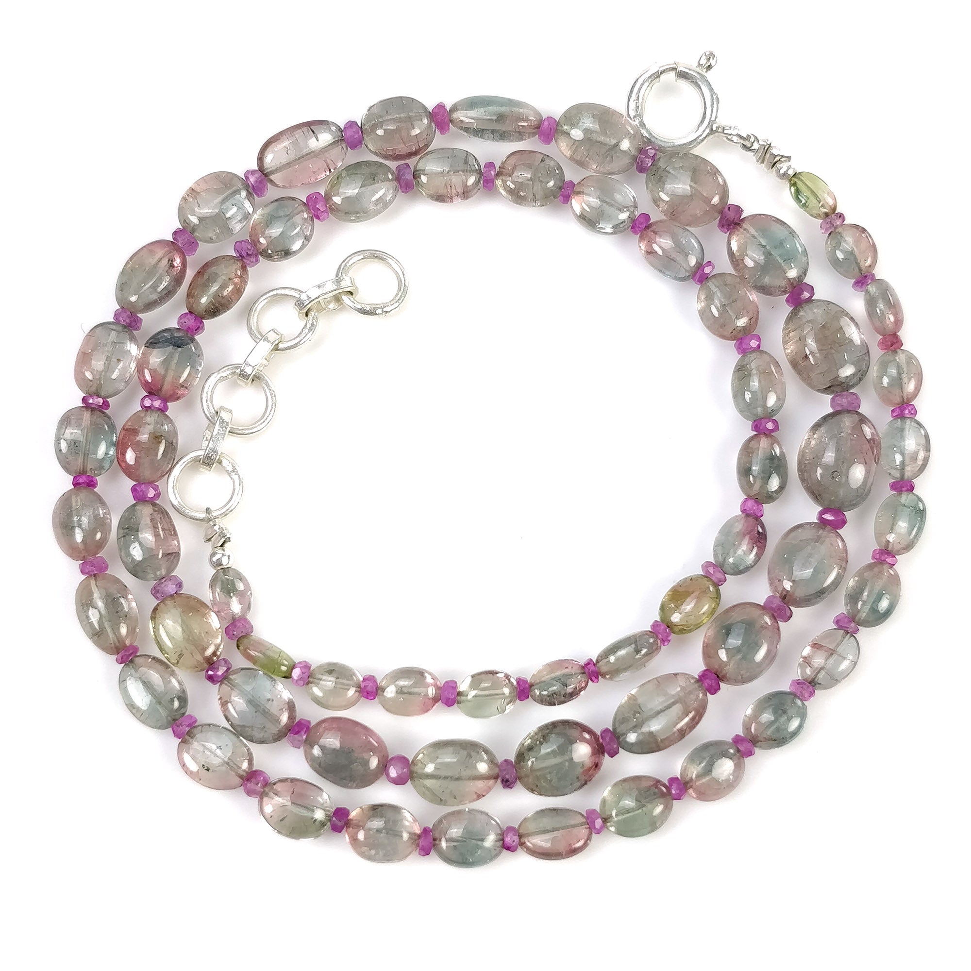 TOURMALINE & RUBY Gemstone NECKLACE : 12.86gms Natural Tourmaline Oval Shape Plain Necklace 5*4mm - 8*6mm 18" (With Video)