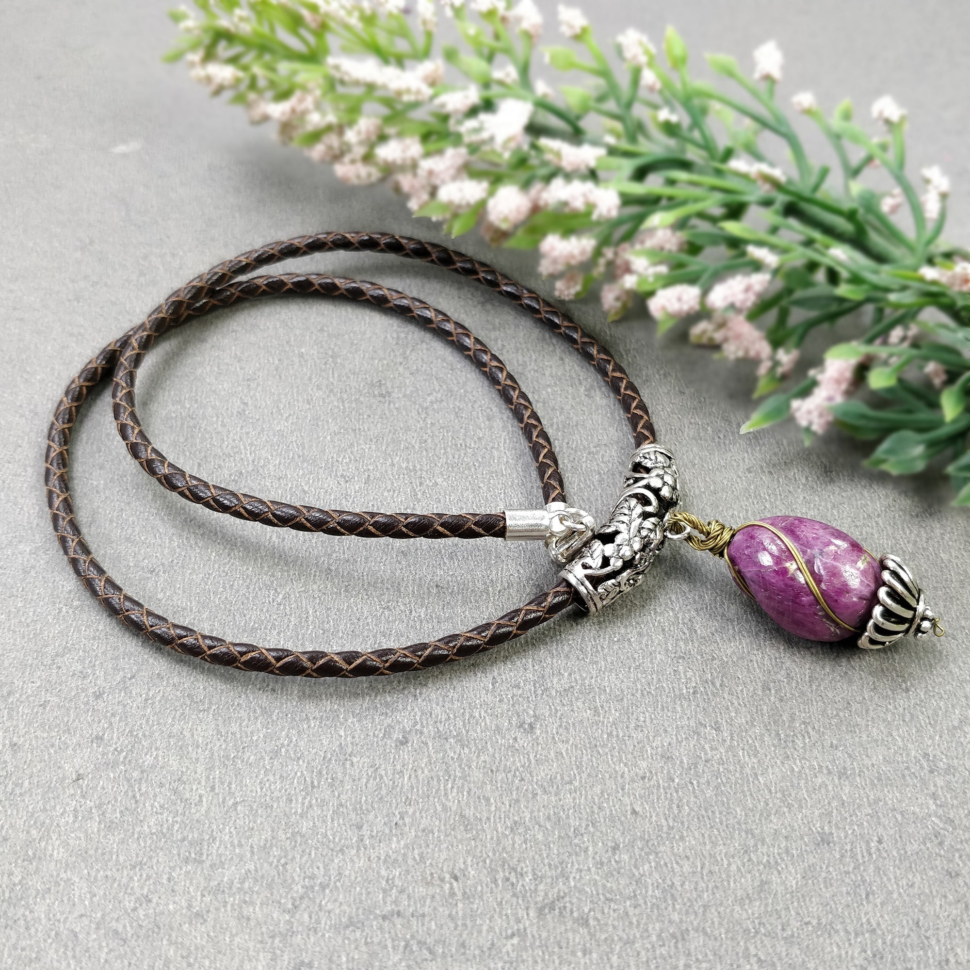 Natural UNTREATED RUBY Hand Carved Gemstone Pendant Snake Braided Leather Cord Necklace 16" Fine Jewelry With Filigree Setting Gift For Her (With Video)