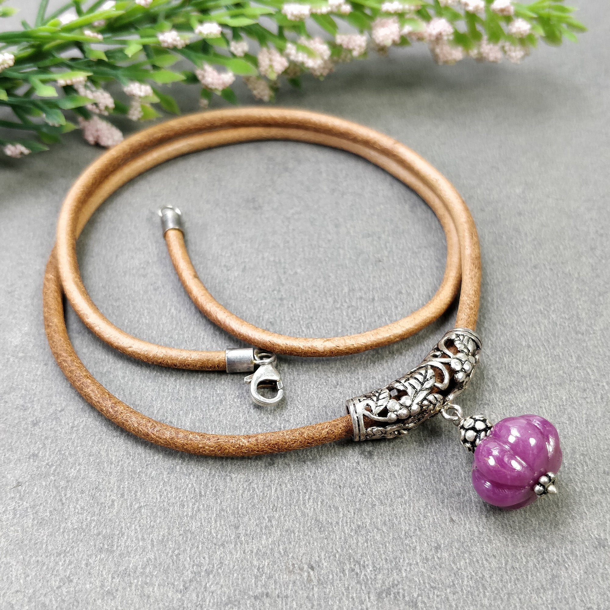 Natural Untreated RUBY Hand Carved Gemstone Pendant Snake Braided Leather Cord Necklace 18" Fine Jewelry With Filigree Setting Gift For Her