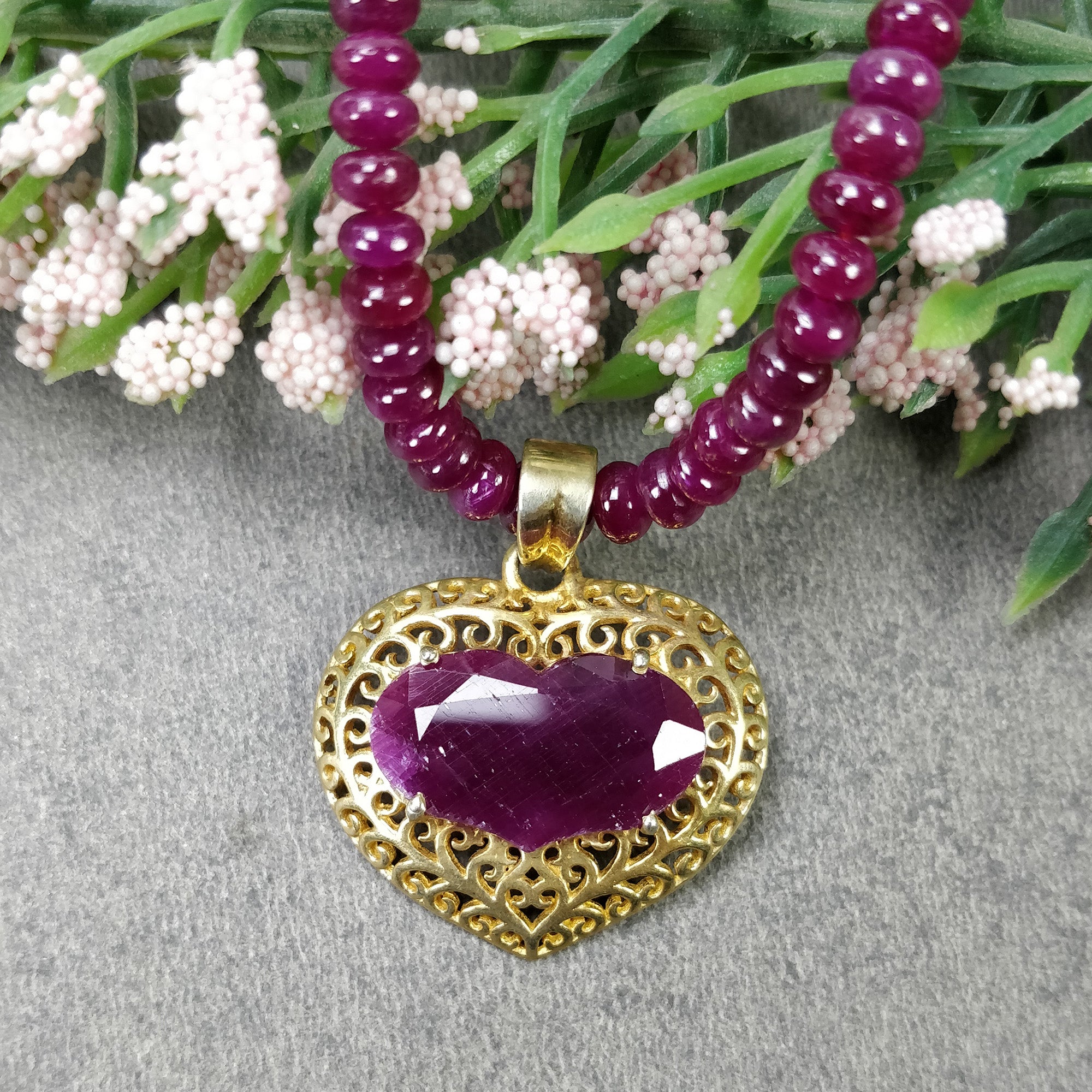 RUBY BEADS NECKLACE :  16" Genuine Natural Ruby Round Beads Necklace Heart Shape Pendant Prong Set 925 Sterling Silver Jewelry