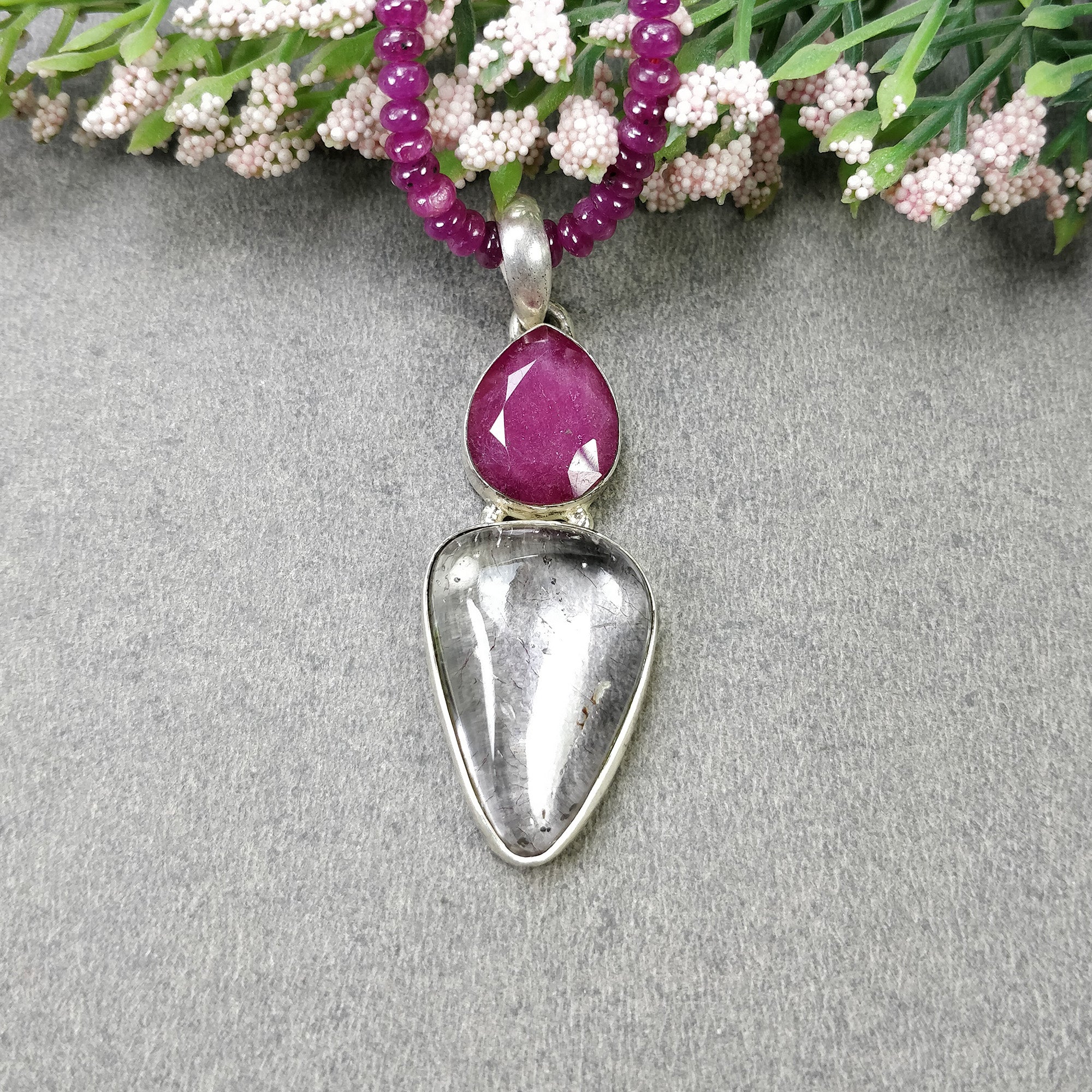 Red RUBY Gemstone BEADS : 17.5" Natural Ruby Rutile AMETHYST Gemstone Pendant 925 Sterling Silver Necklace Gift For Her