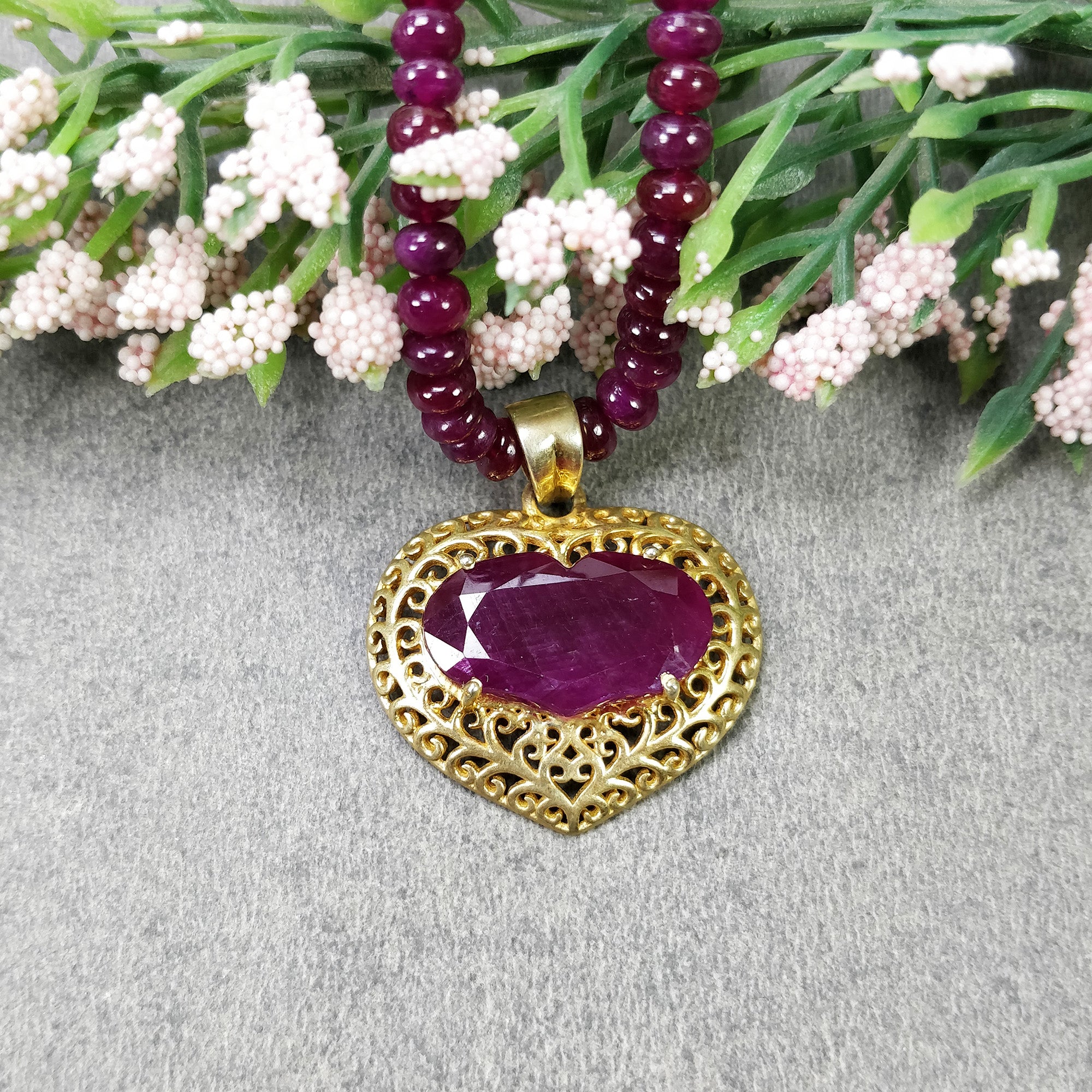 RUBY BEADS NECKLACE : 17" Genuine Natural Ruby Round Beads Necklace Heart Shape Pendant Prong Set 925 Sterling Silver Jewellery