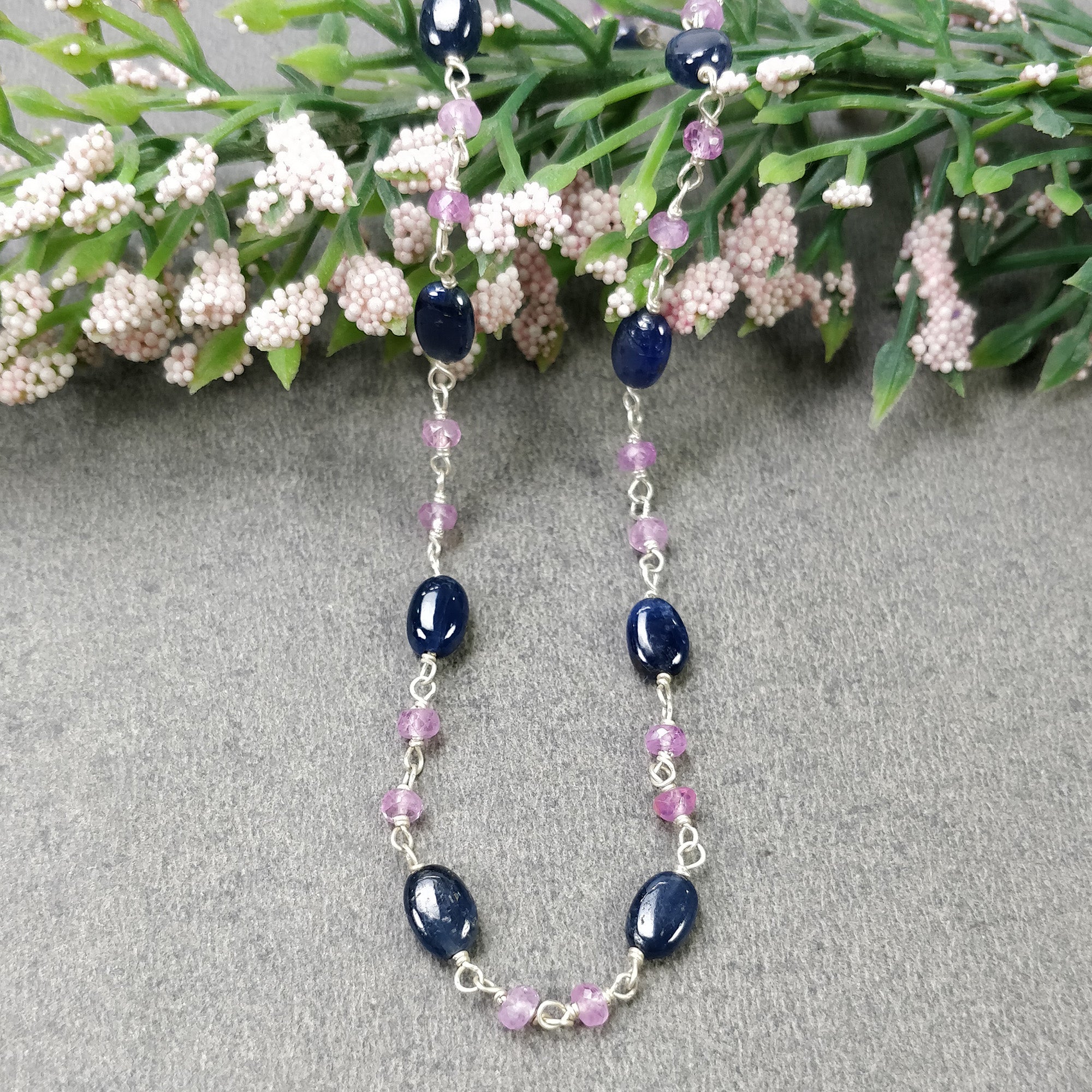 PINK BLUE SAPPHIRE  Gemstones Beads Necklace : Natural Blue Sapphire Beads Sterling Silver Chain Necklace 17" Gift For Her