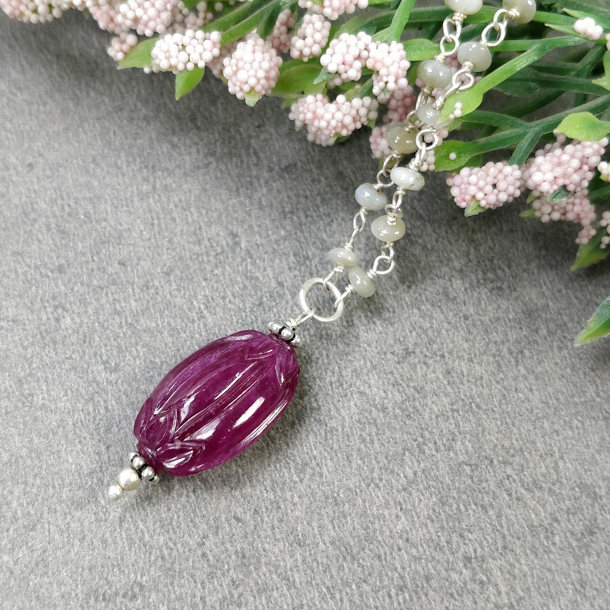 Pink RUBY And CAT'S EYE Gemstones Beads Chain Necklace: 925 Sterling Silver Natural Hand Carved Ruby 19" Statement Necklace