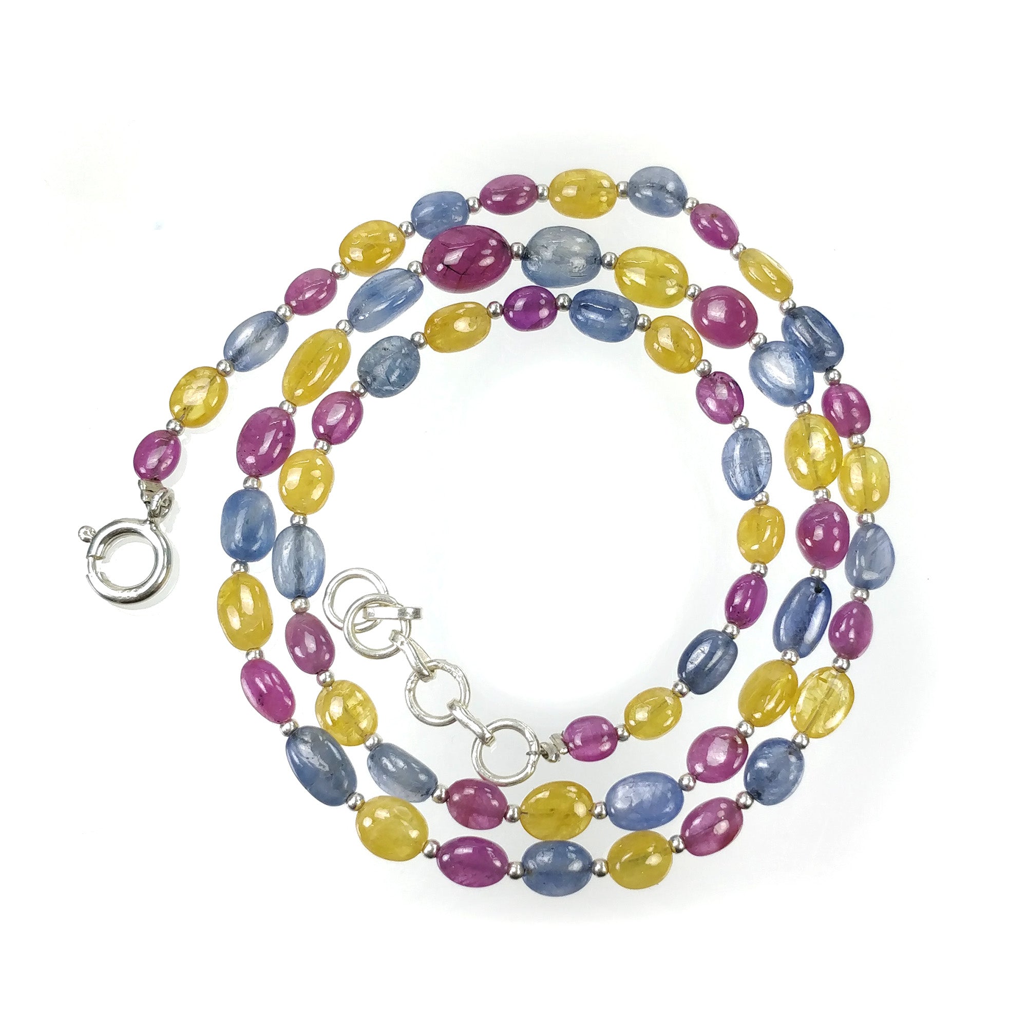 Yellow Blue SAPPHIRE & RUBY Gemstone NECKLACE : 15.83gms Natural Oval Plain Beads Sapphire With 925 Sterling Silver 5.5*4mm - 8.5*6mm 18"
