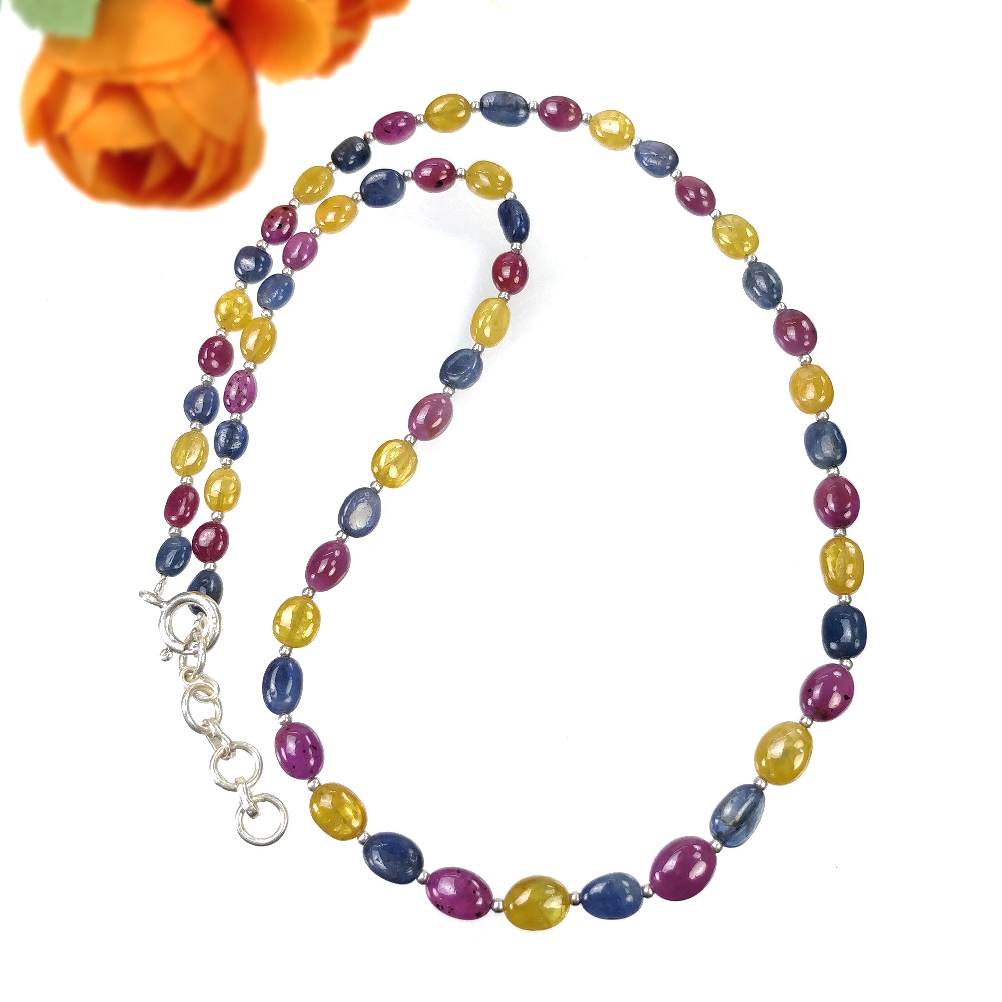 Yellow Blue SAPPHIRE & RUBY Gemstone NECKLACE : 16.15gms Natural Oval Plain Beads Sapphire With 925 Sterling Silver 5.5*4.5mm - 8*6.5mm 17"