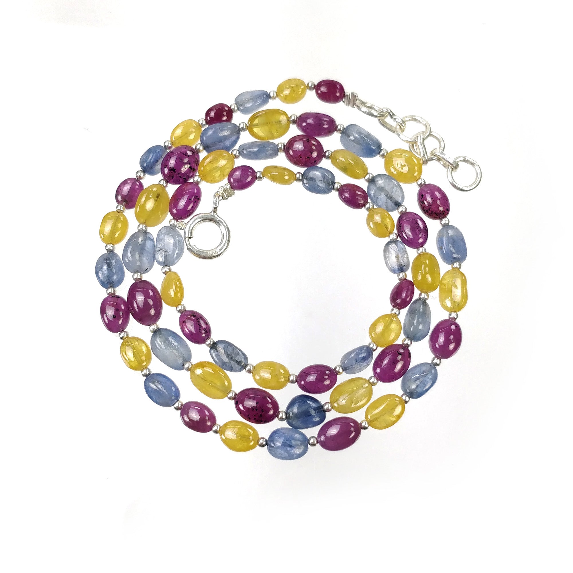 Yellow Blue SAPPHIRE & RUBY Gemstone NECKLACE : 17.71gms Natural Oval Plain Beads Sapphire With 925 Sterling Silver 5*4mm - 8*5mm 18"