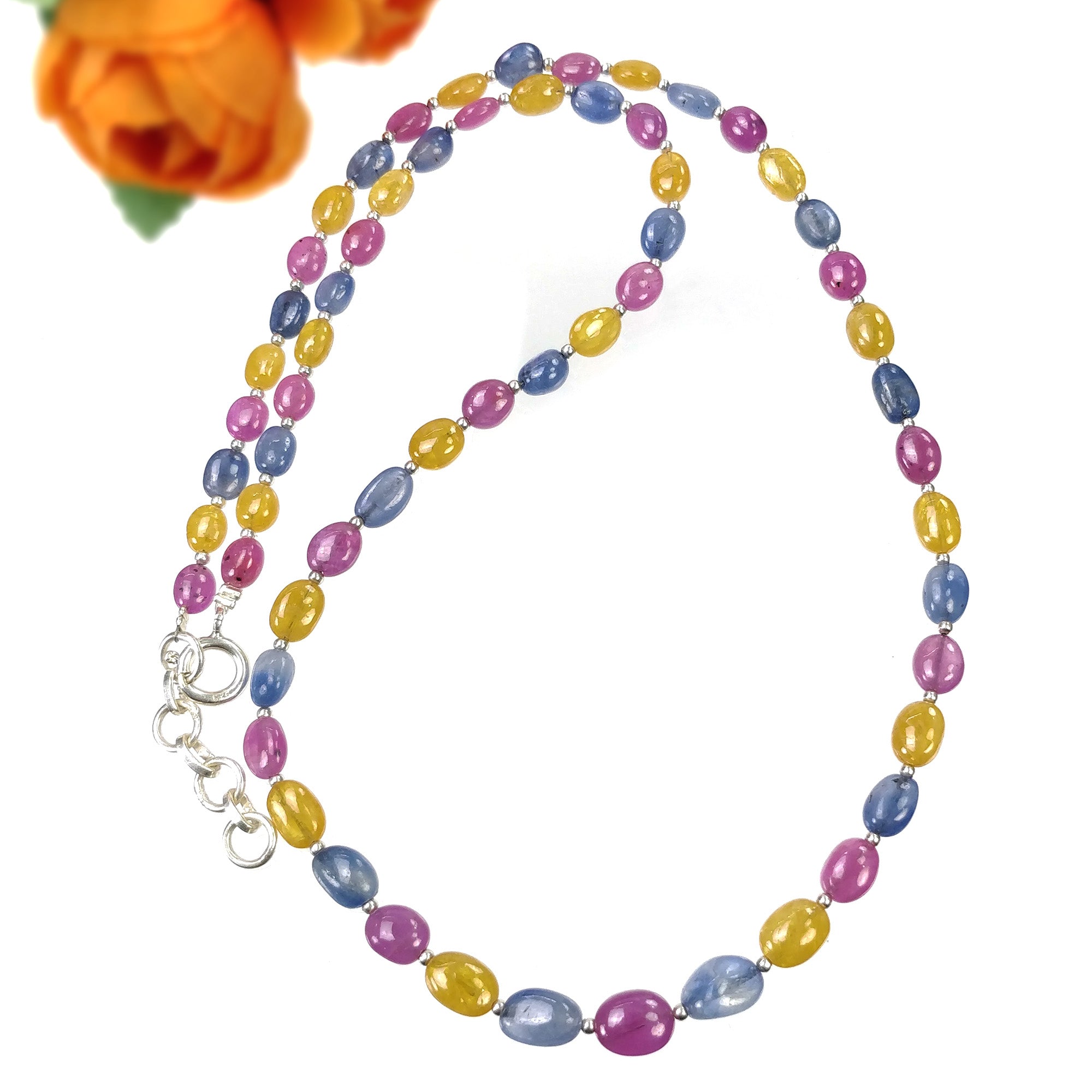 Yellow Blue SAPPHIRE & RUBY Gemstone NECKLACE : 19.17gms Natural Oval Plain Beads Sapphire With 925 Sterling Silver 6*5mm - 8.5*6.5mm 19"