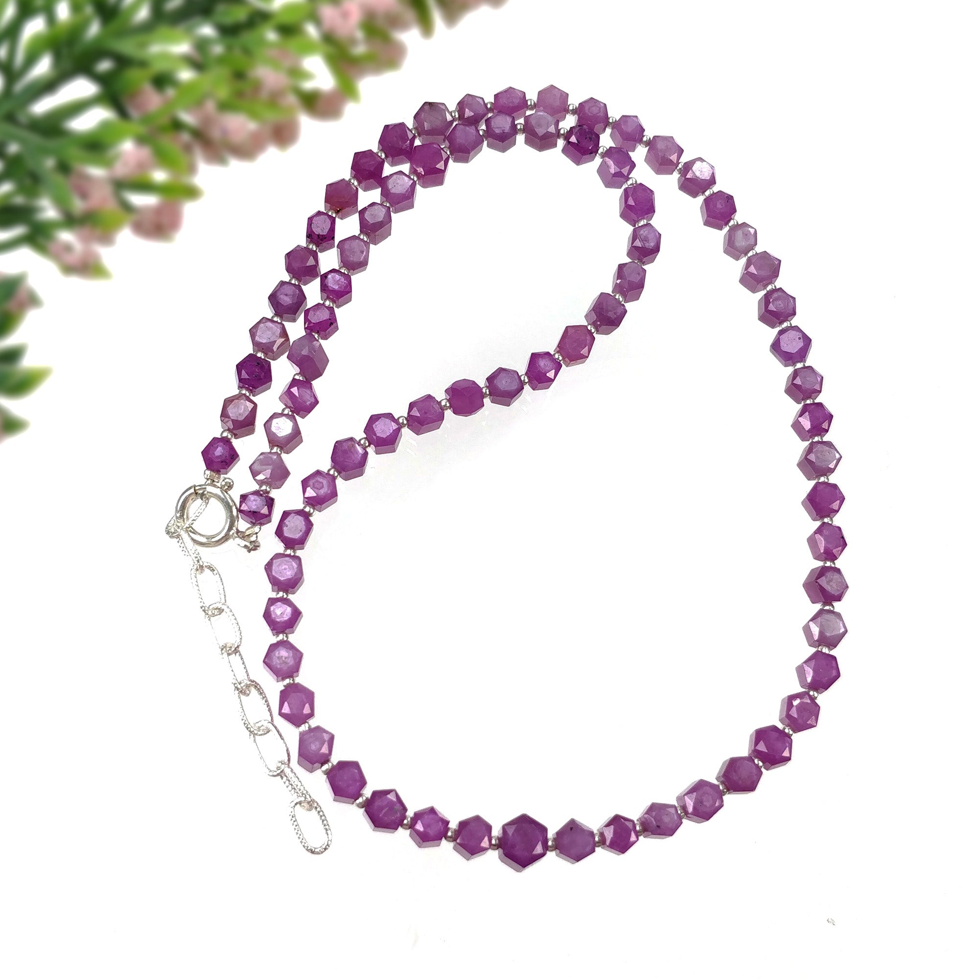 Raspberry Sheen Pink Sapphire Gemstone NECKLACE : 19.66gms Natural Sapphire Hexagon Shape Faceted Necklace 5*4mm - 6*5.5mm 17"