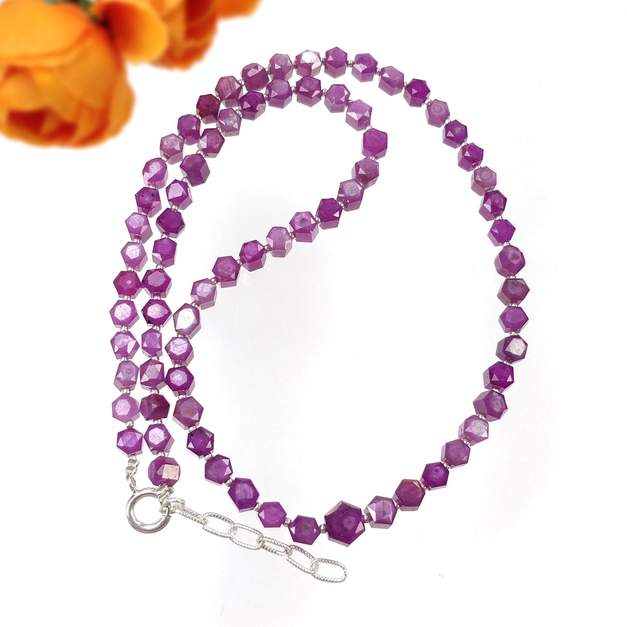 Raspberry Sheen Pink Sapphire Gemstone NECKLACE : 25.31gms Natural Sapphire Hexagon Shape Faceted Necklace 5.5*5mm - 8*7mm 17.5"