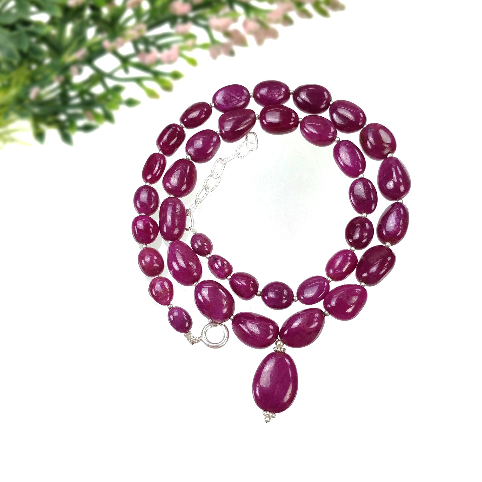 RUBY Gemstone NECKLACE : 53.46gms Natural Untreated Plain Ruby With 925 Sterling Silver 7.5*6mm - 16.5*12.5mm 18"