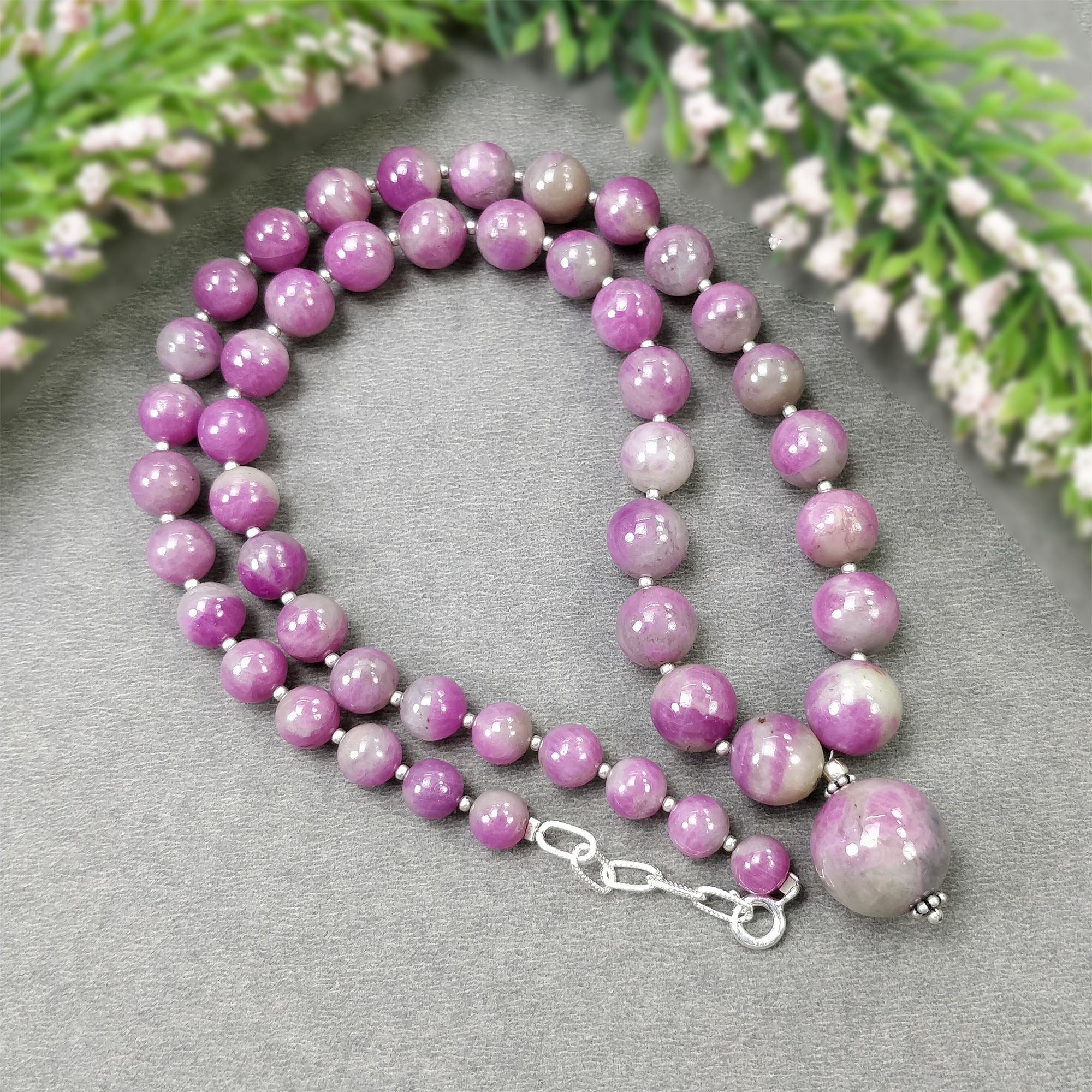 Global RUBY Gemstone NECKLACE : 284.85cts Natural Untreated Bi-Color Zoisite Ruby Balls With 925 Sterling Silver 6.5mm - 15mm 19"