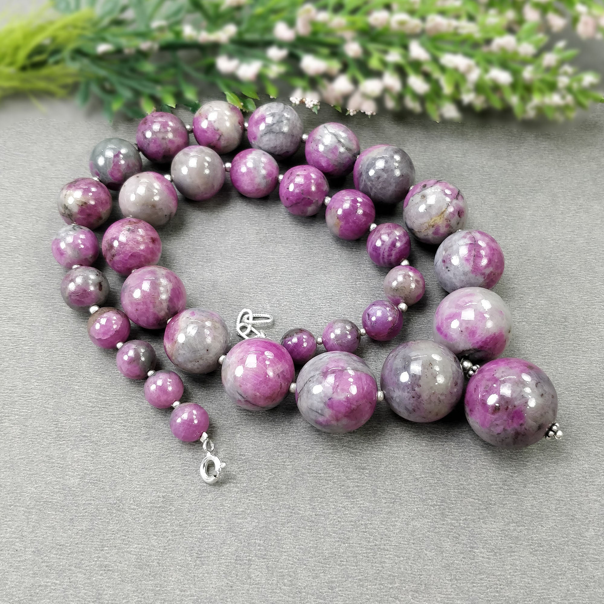 Global RUBY Gemstone NECKLACE: 734.70cts Natural Untreated Bi-Color Zoisite Ruby Balls 925 Sterling Silver 8.5mm - 19mm 19"