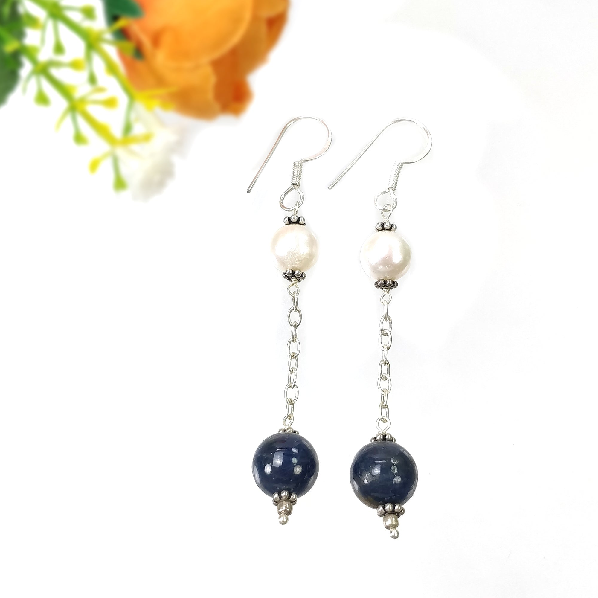 Sapphire White Pearl Gemstone 925 Sterling Silver Hook Beads Earring