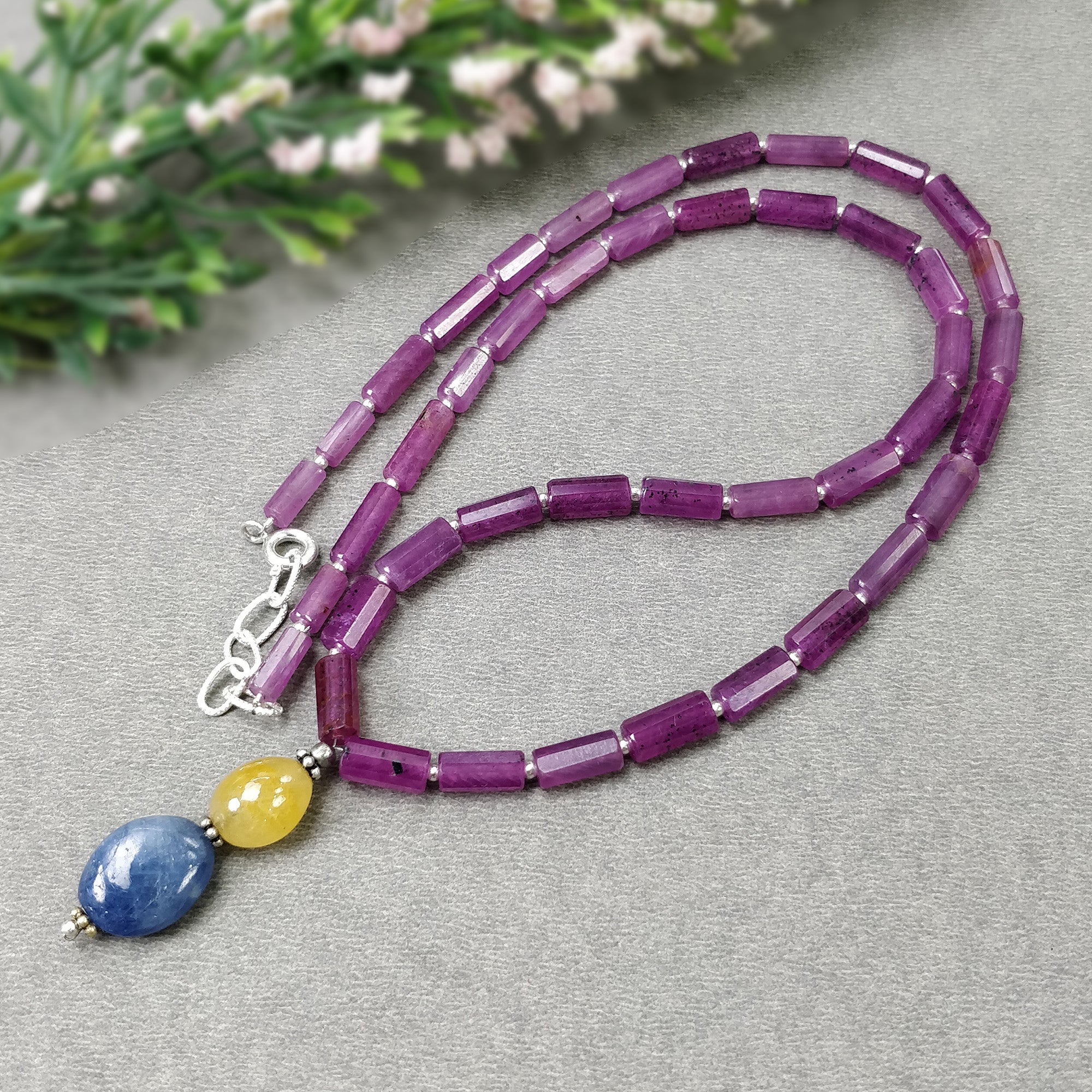 Raspberry SAPPHIRE Gemstone Fancy Cut NECKLACE: 23.00gms Natural Untreated Pencil Blue Yellow Sapphire 925 Sterling Silver 8mm - 14*11mm 19"