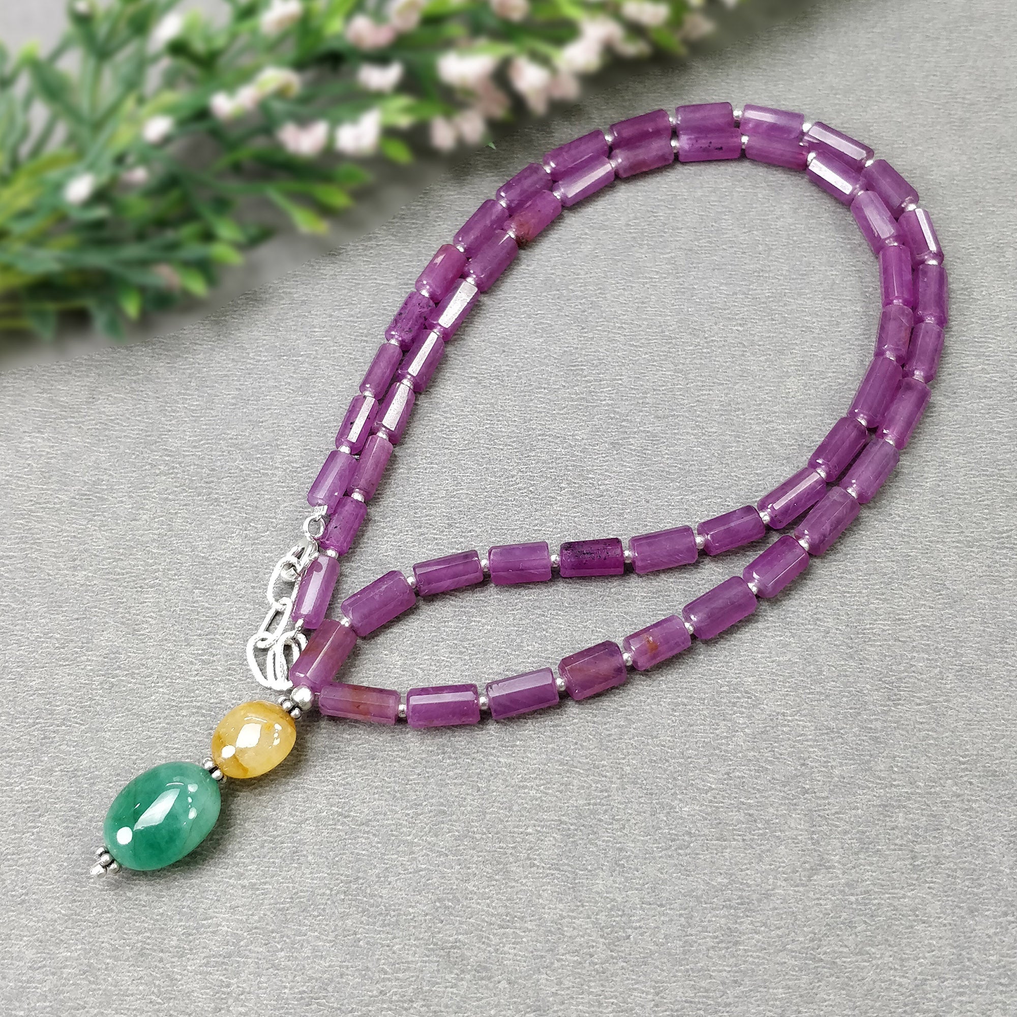 Raspberry SAPPHIRE & Emerald Gemstone Fancy Cut NECKLACE: 23.10gms Natural Pencil Pink Yellow Sapphire 925 Sterling Silver 7mm-13*11mm 19.5"