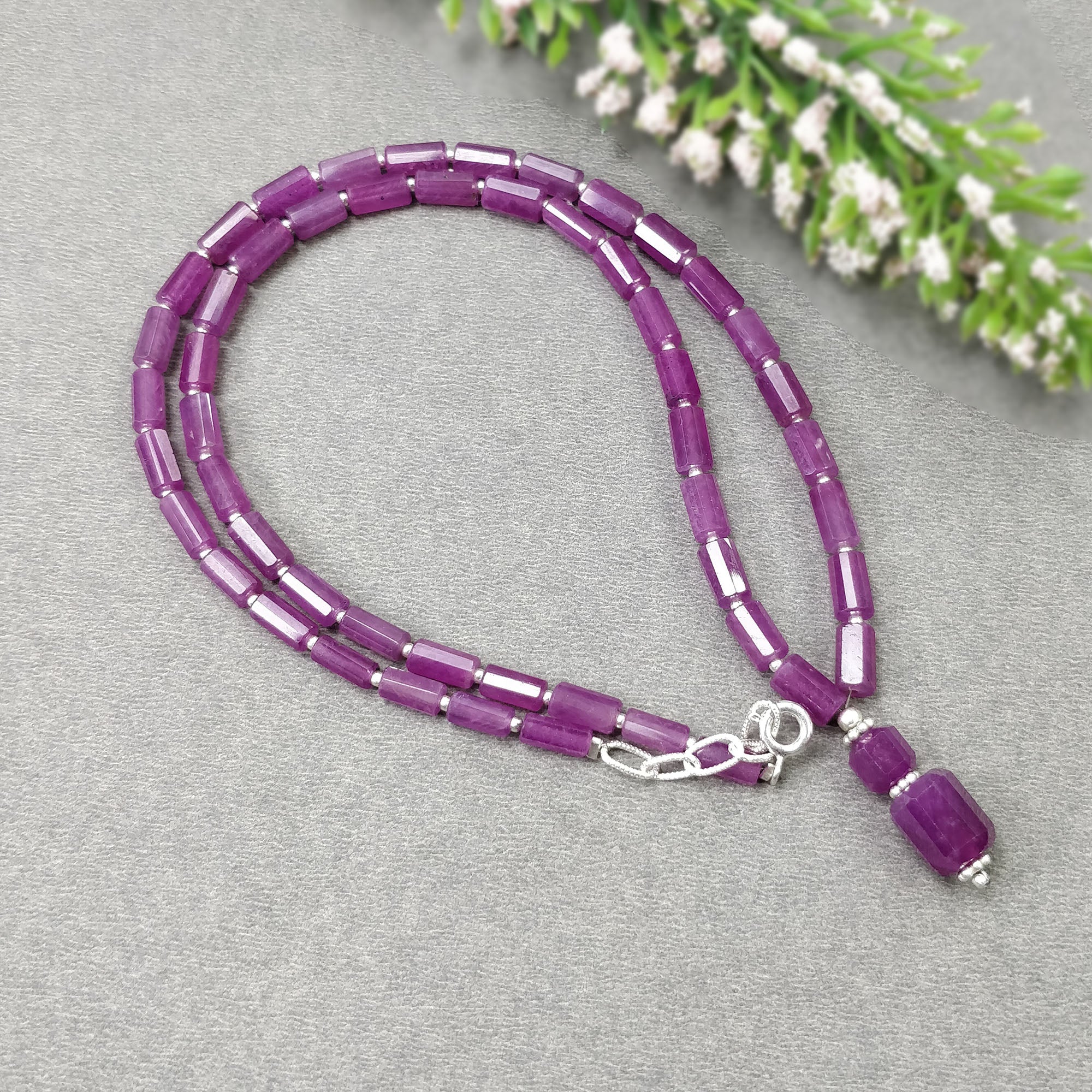 Raspberry SAPPHIRE Gemstone Fancy Cut NECKLACE : 23.17gms Natural Untreated Pencil Pink Sapphire 925 Sterling Silver 8mm - 10mm 19.25"
