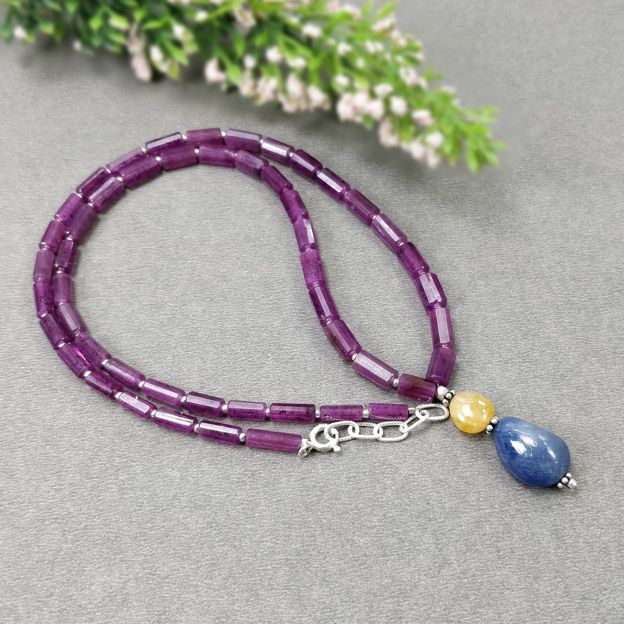 Raspberry SAPPHIRE Gemstone Fancy Cut NECKLACE: 23.28gms Natural Untreated Pencil Blue Yellow Sapphire 925 Sterling Silver 7mm - 15*11mm 19"