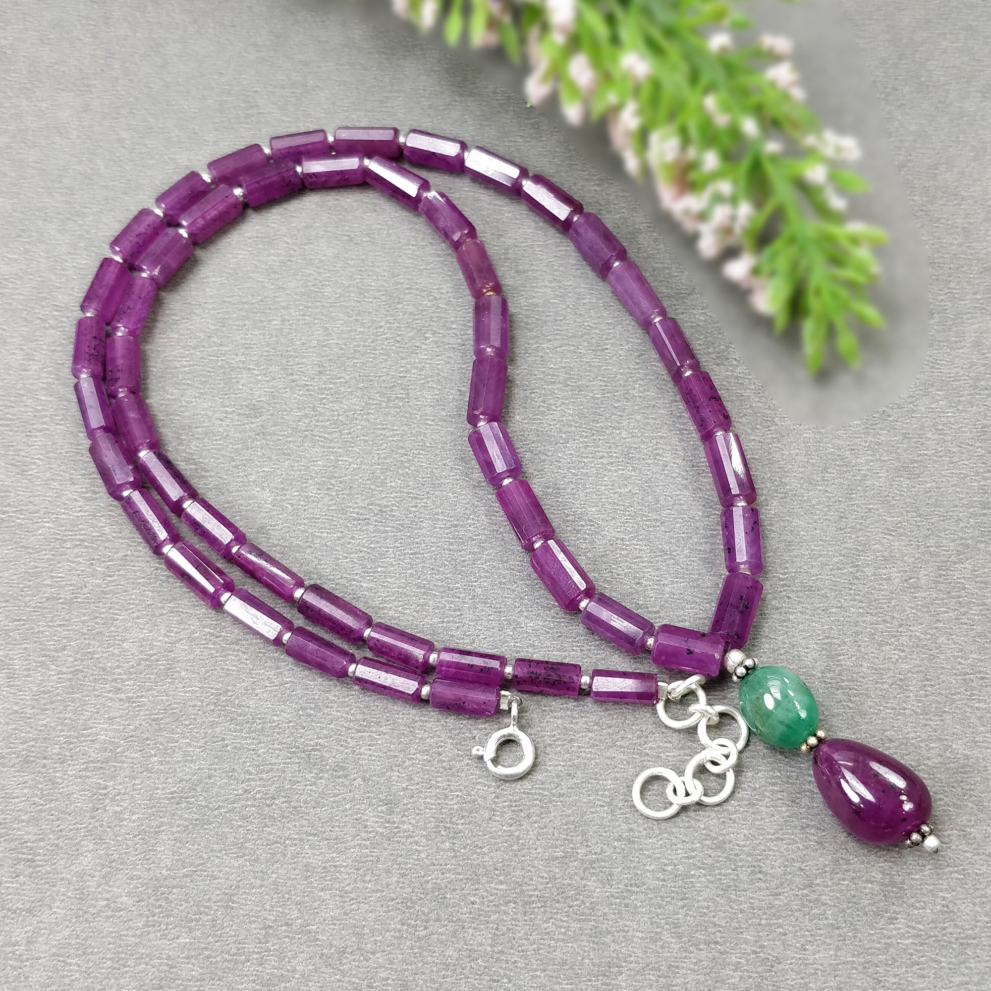 Raspberry SAPPHIRE & Emerald Gemstone Fancy Cut NECKLACE: 24.78gms Natural Pencil Pink Sapphire 925 Sterling Silver 8mm-14*10mm 19.5"