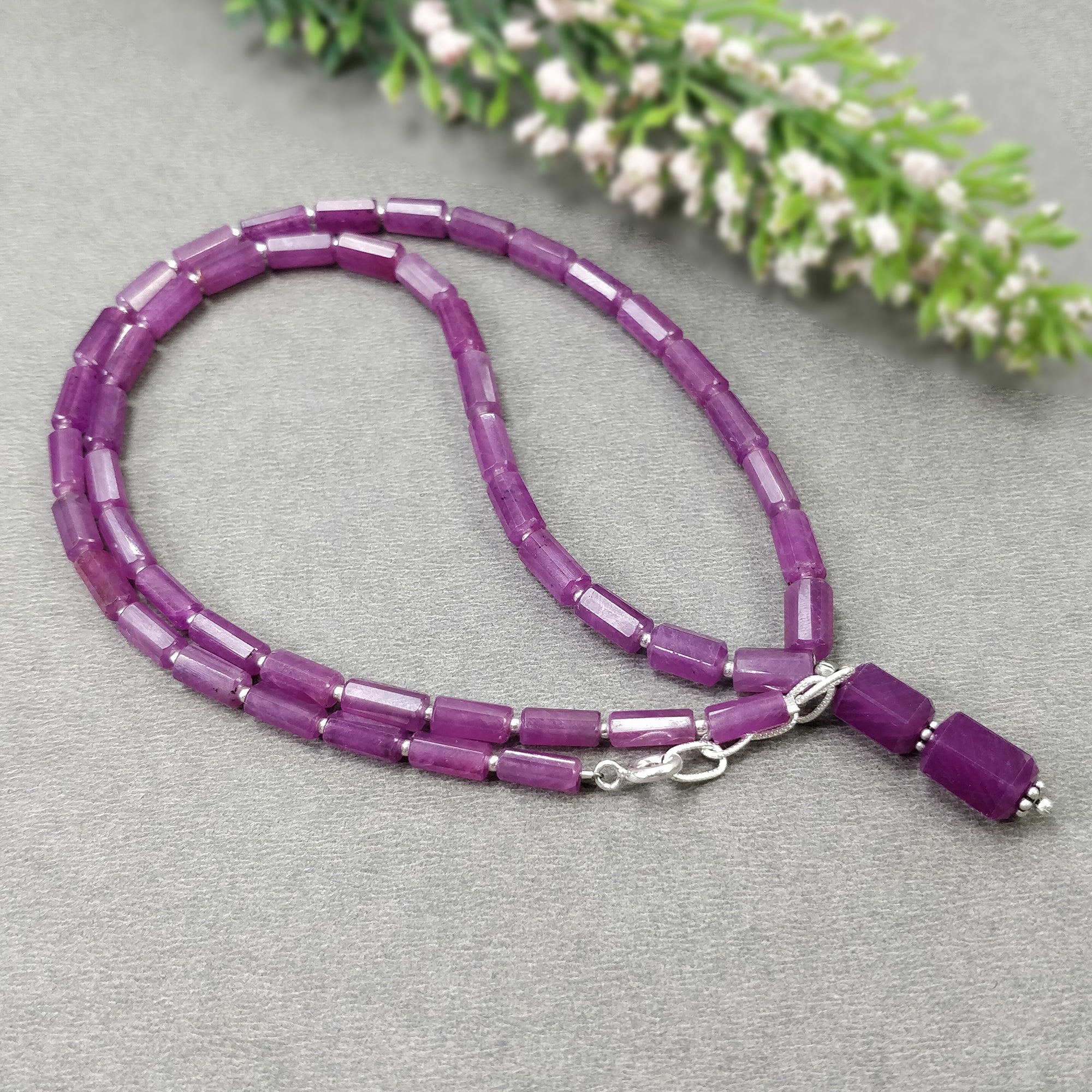 Raspberry SAPPHIRE Gemstone Fancy Cut NECKLACE : 24.86gms Natural Untreated Pencil Pink Sapphire 925 Sterling Silver 8mm - 10mm 19.75"