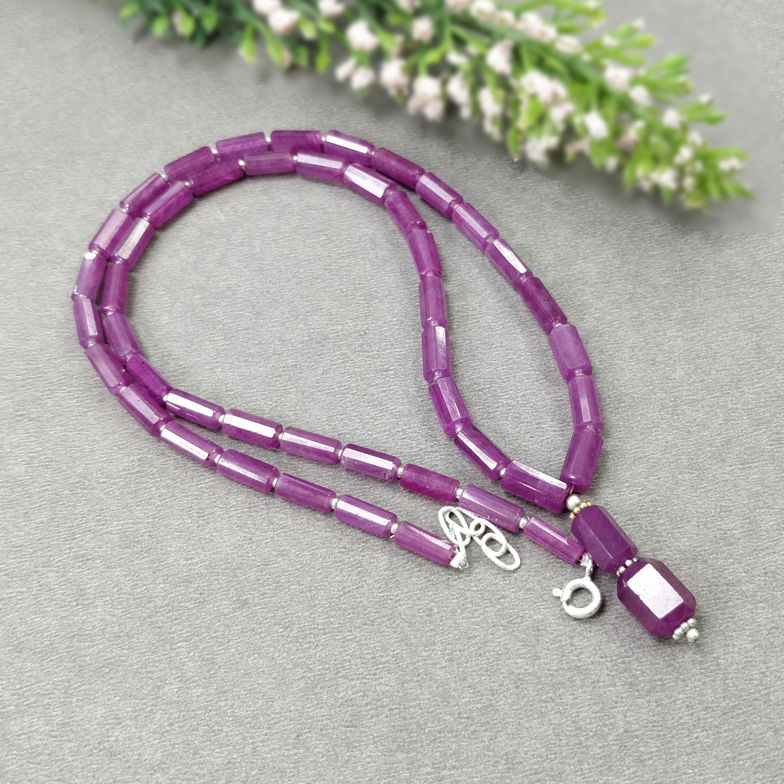 Raspberry SAPPHIRE Gemstone Fancy Cut NECKLACE : 25.70gms Natural Untreated Pencil Pink Sapphire 925 Sterling Silver 9mm - 10.5mm 19.75"